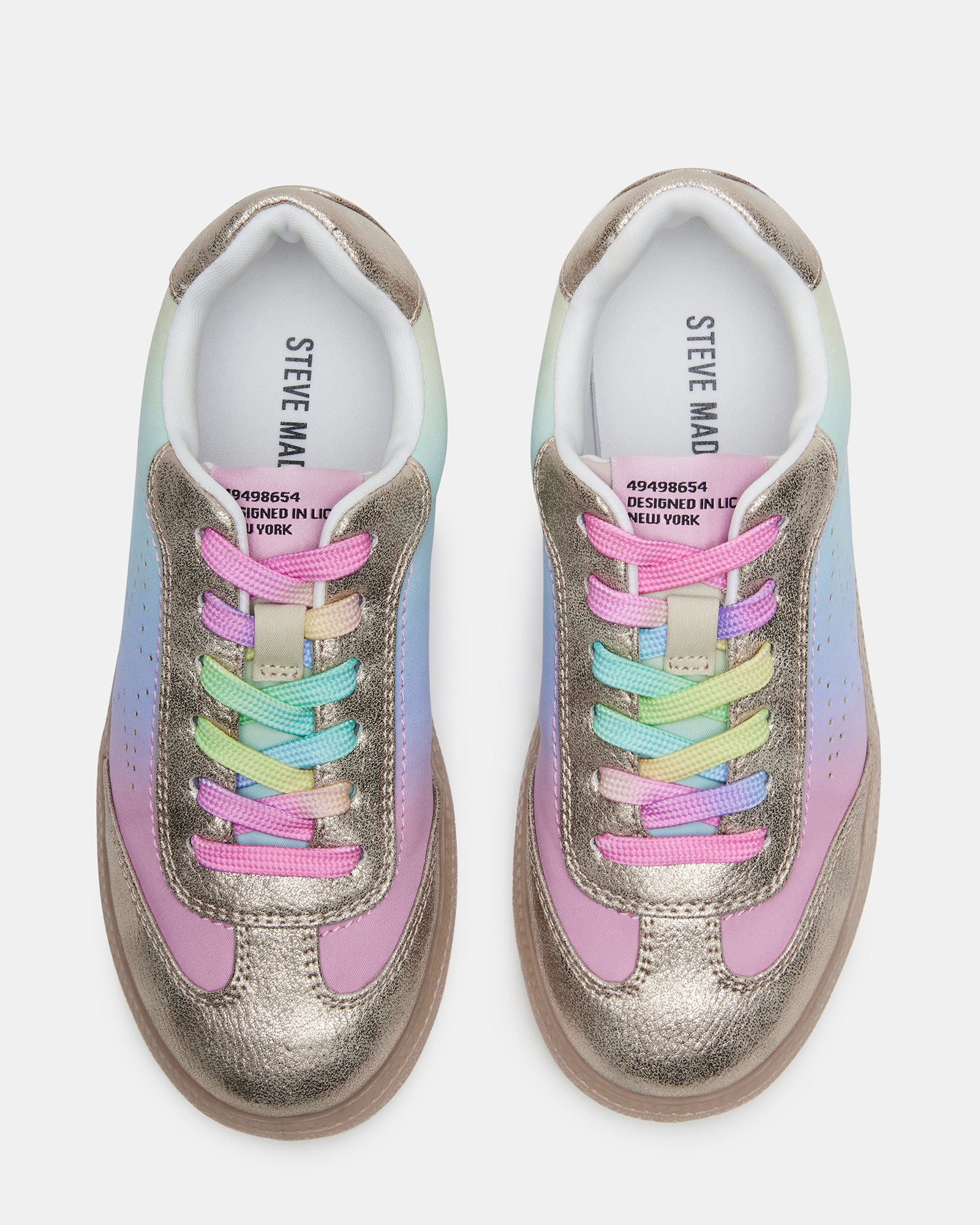 Front view of kids quad pastel multi sneakers with star decal, showing colorful design and lace-up closure