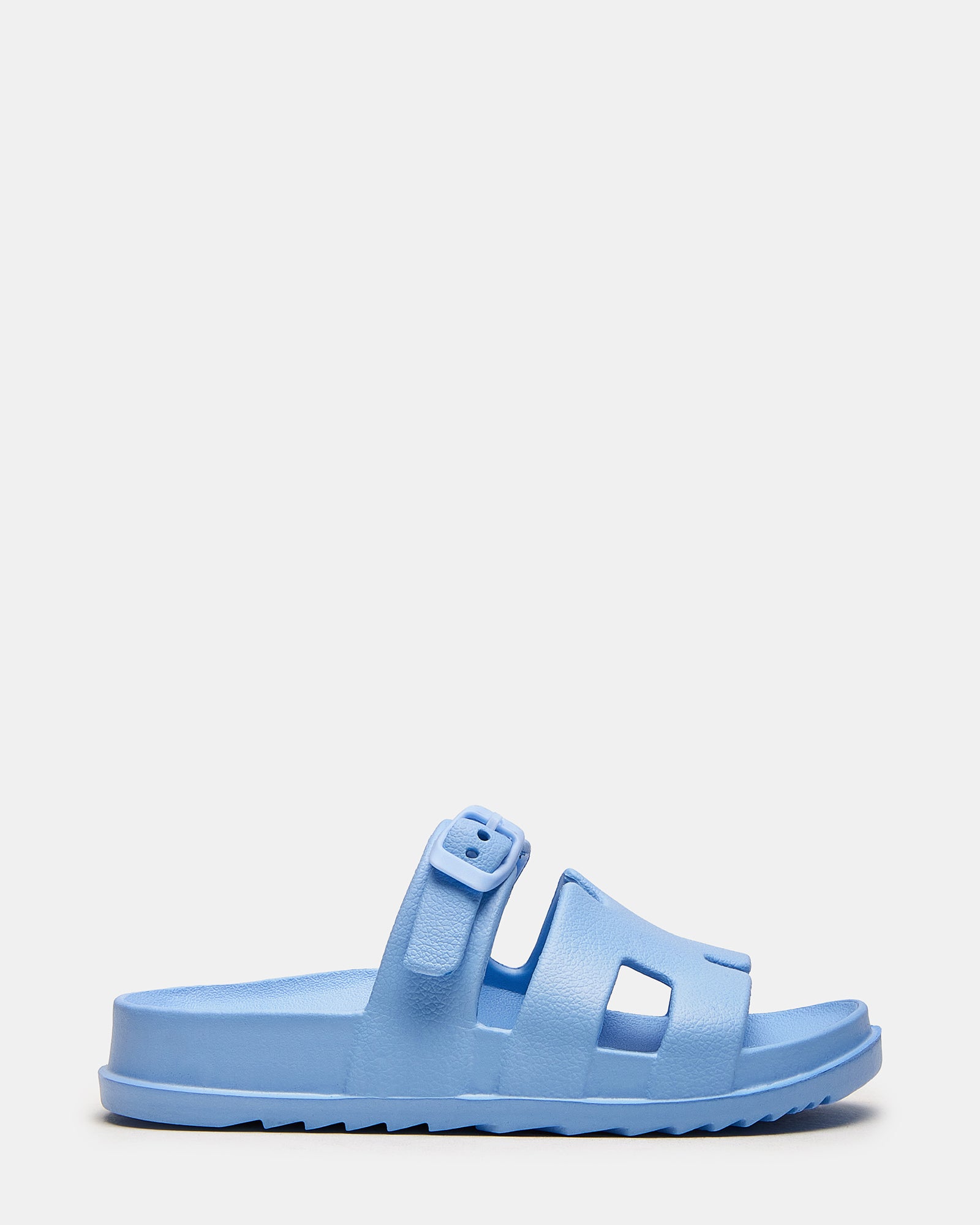 Close-up of SpiritLite kids slide sandals showing synthetic upper and flatform sole