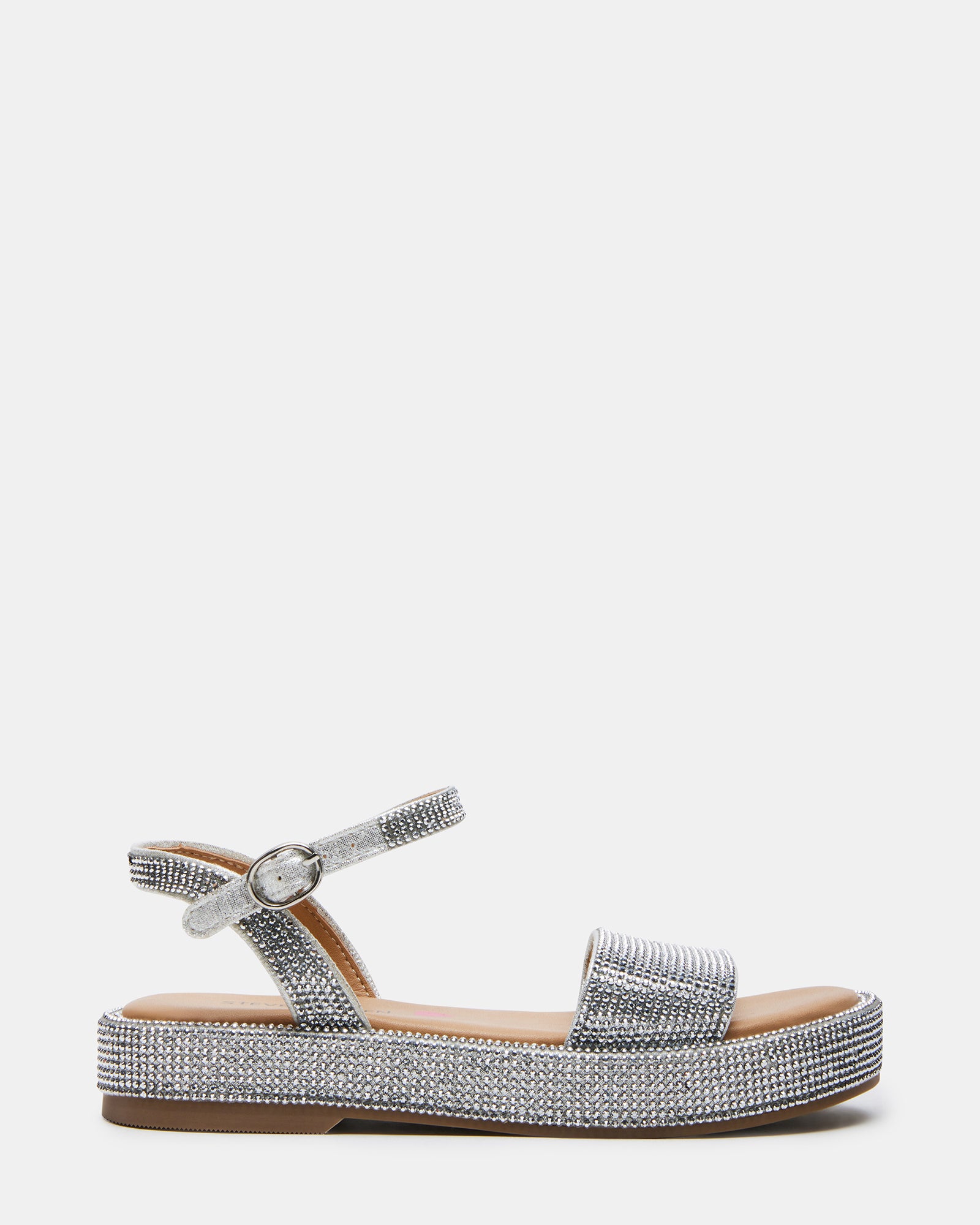 Close-up of SWEETER sandals' rhinestone detailing on platform base