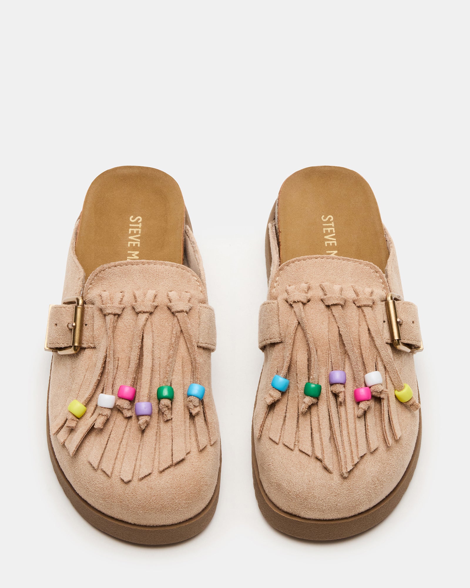 Close-up of kids taupe flats with fringe and beads, showing the trendy details