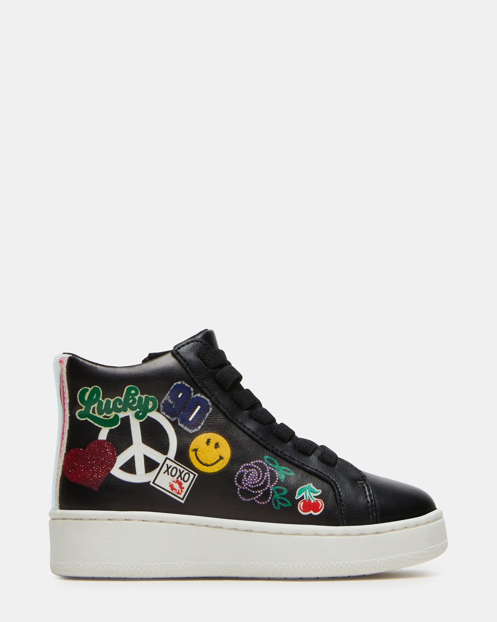 Close-up of the black multi toddler high-top sneakers showing textured sole and patch detailing