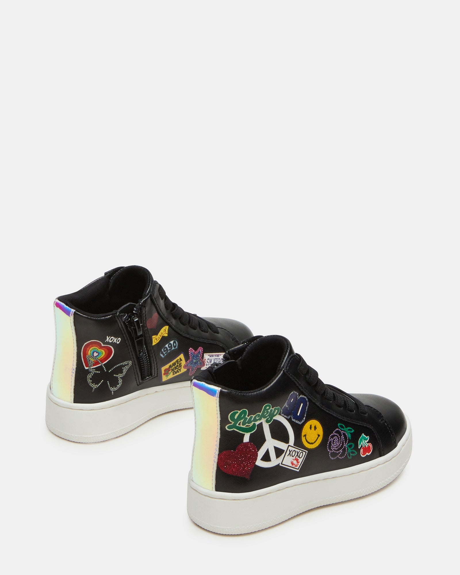 Side angle of lace-up toddler girl shoes with zipper for easy access