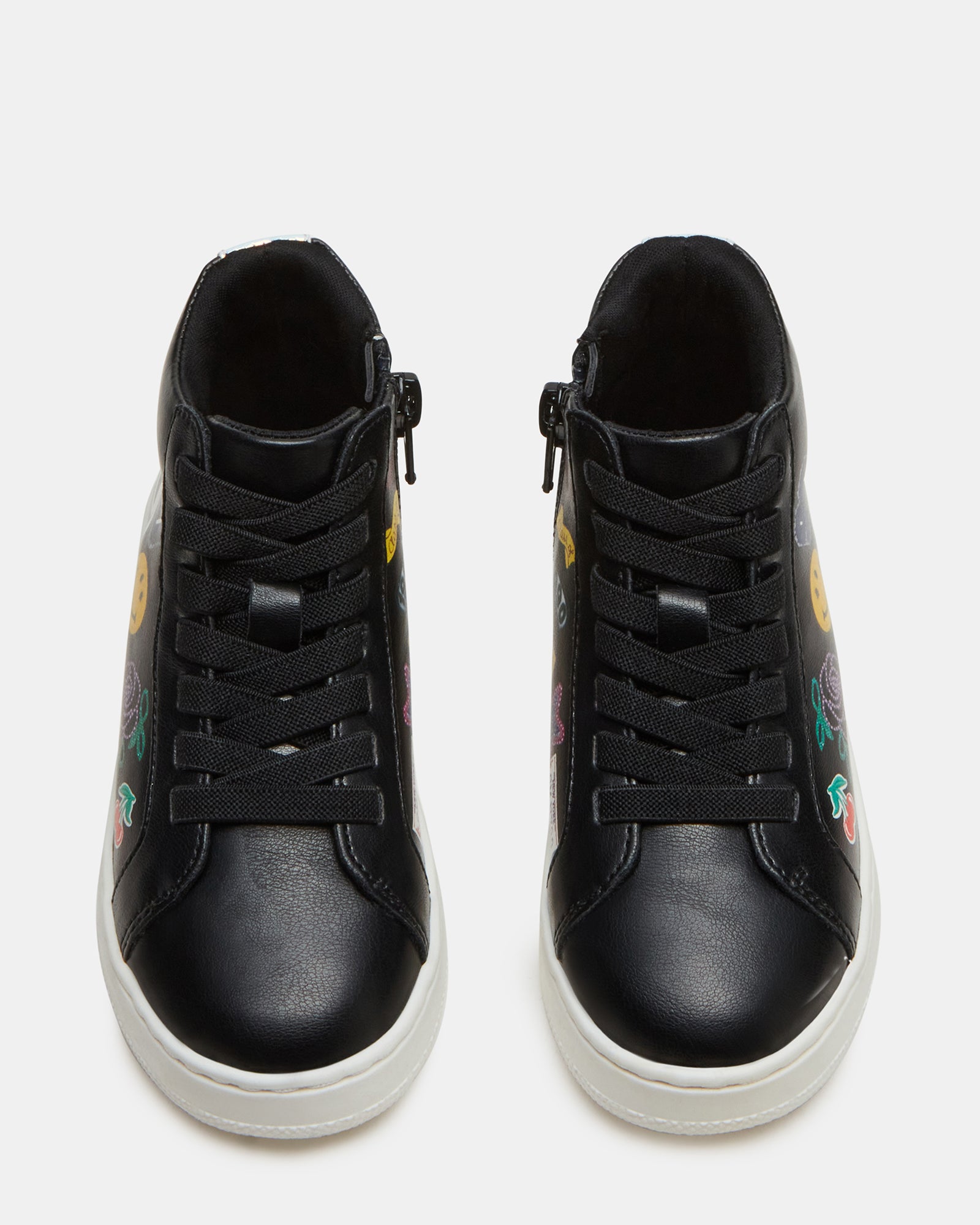 Close-up of the black multi toddler high-top sneakers showing textured sole and patch detailing
