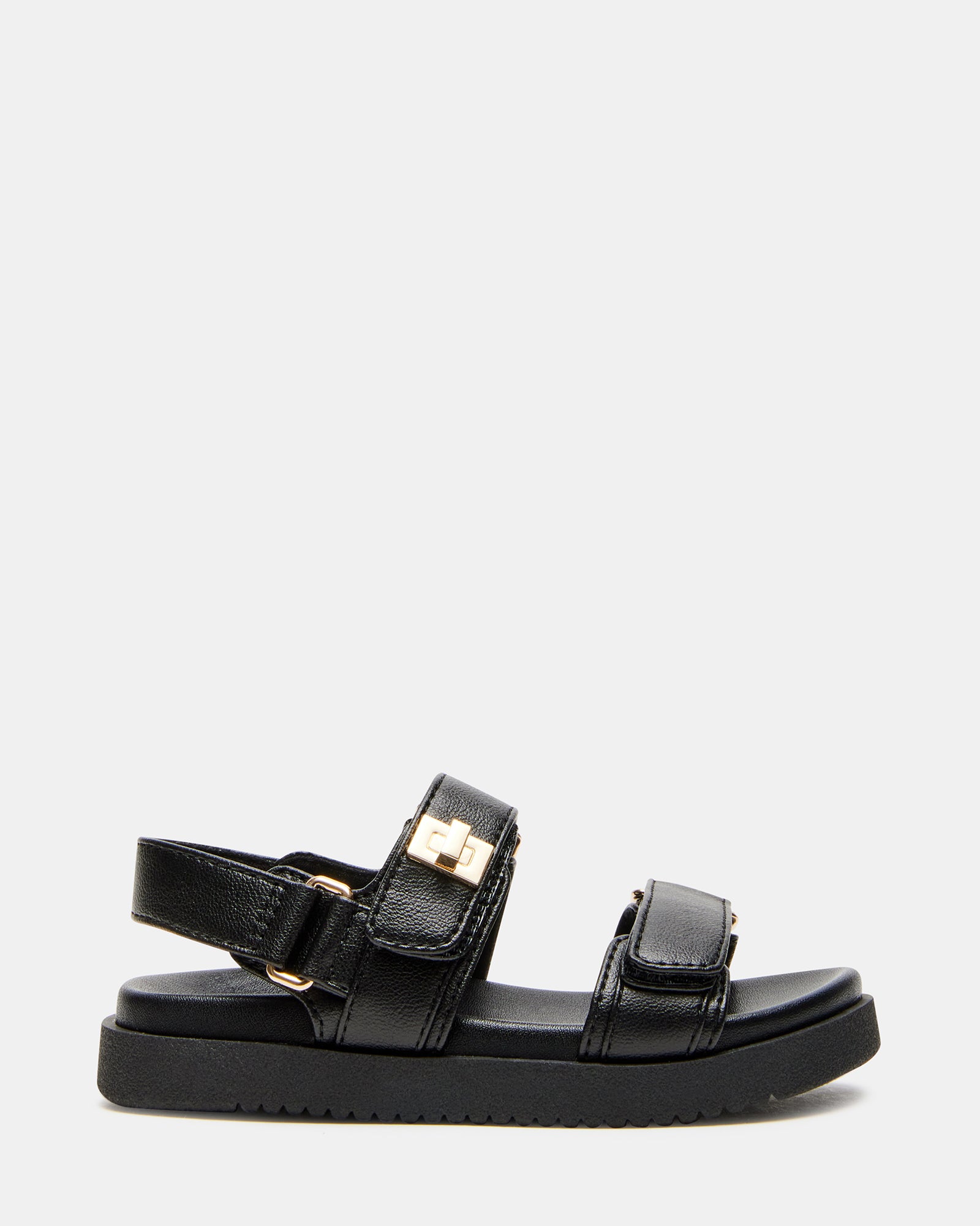 Side view of Mona black toddler sandals showing slingback strap and flatform heel