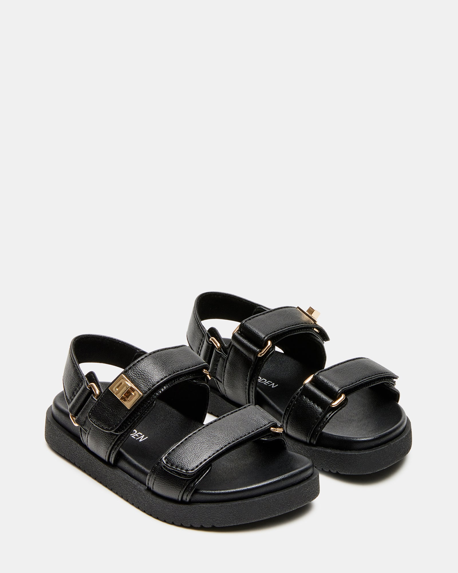 Top-down angle of Mona vegan sandals highlighting Velcro straps and comfort sock
