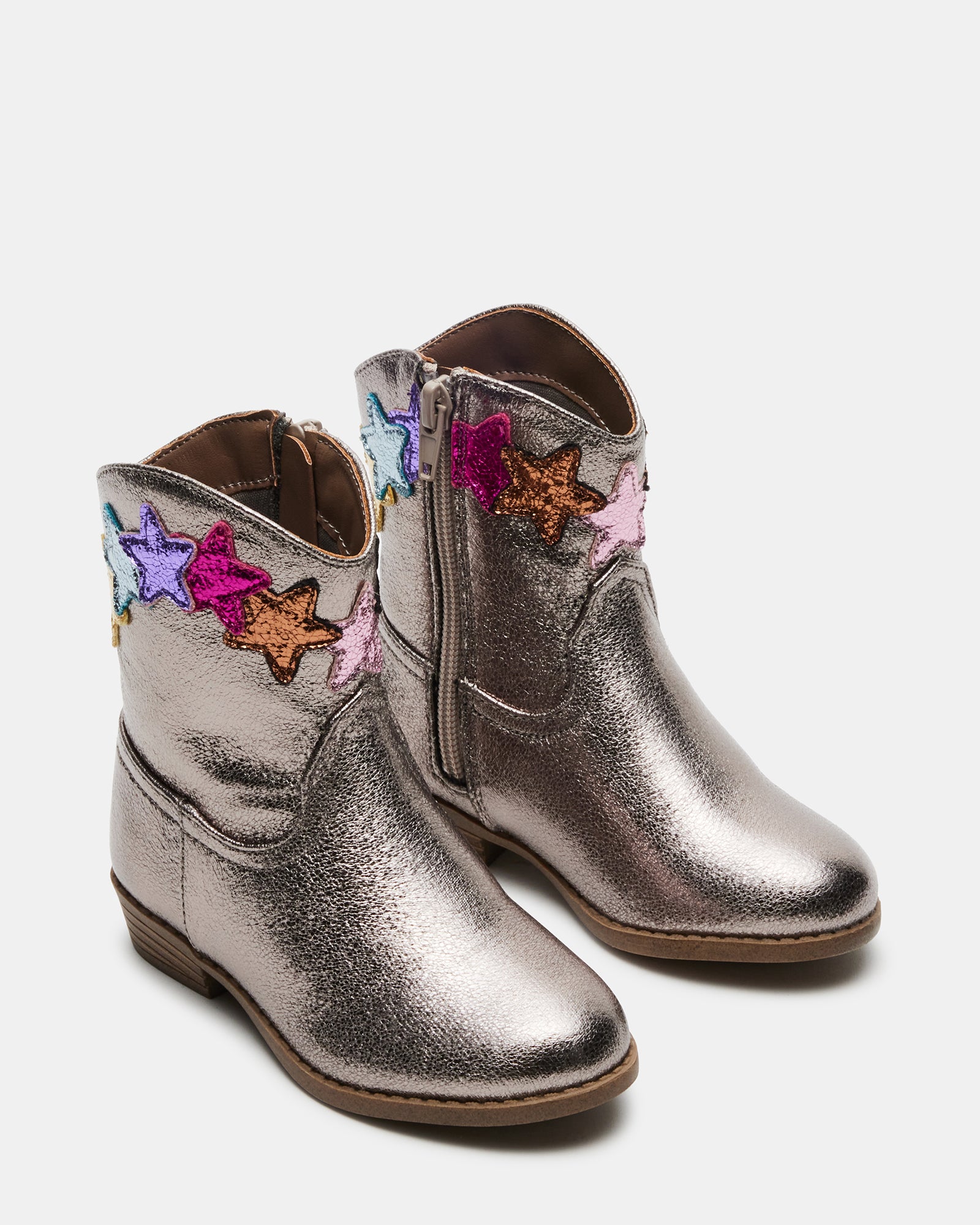 Close-up of toddler winter boots showcasing colorful star decals.