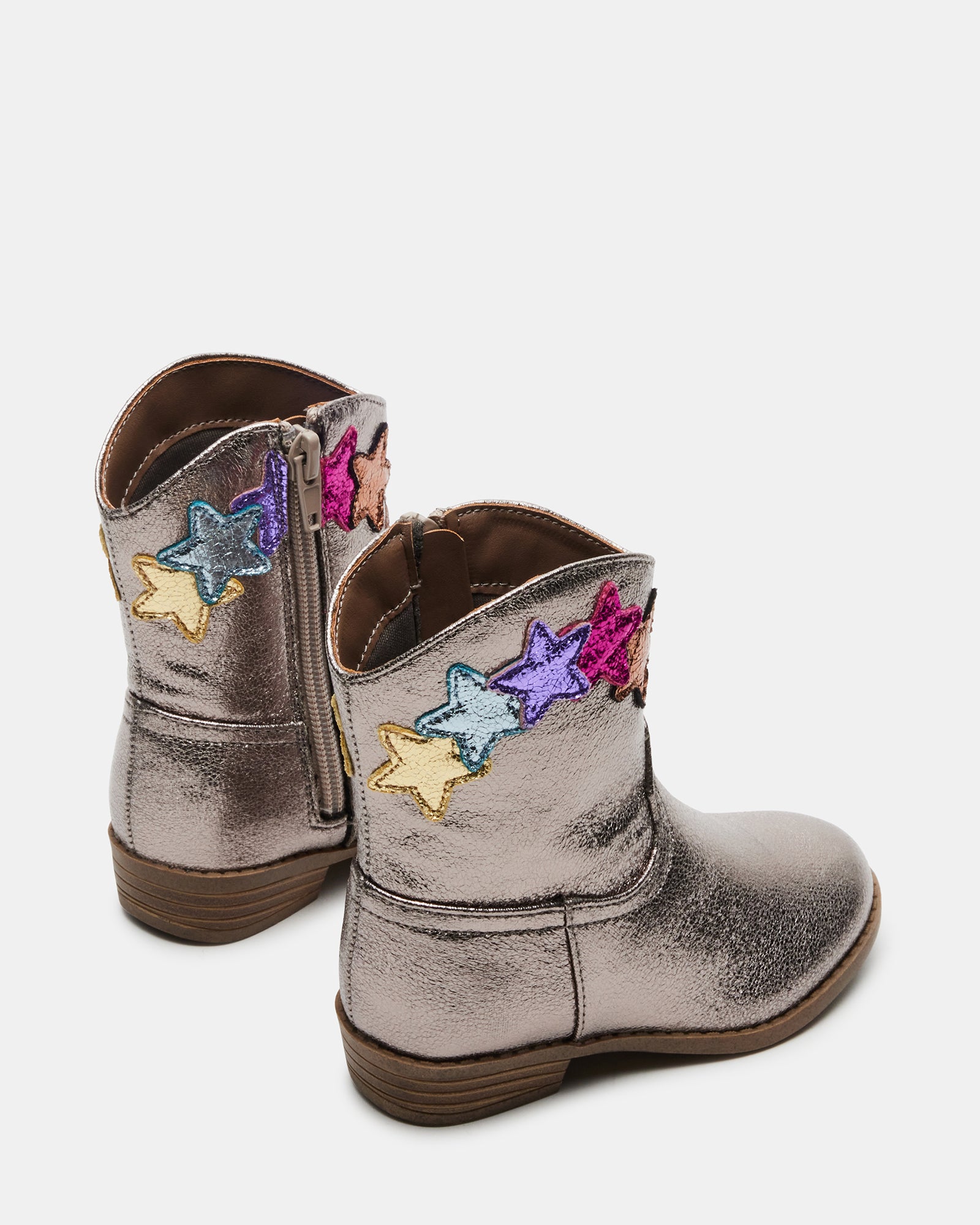 Close-up of toddler winter boots showcasing colorful star decals.