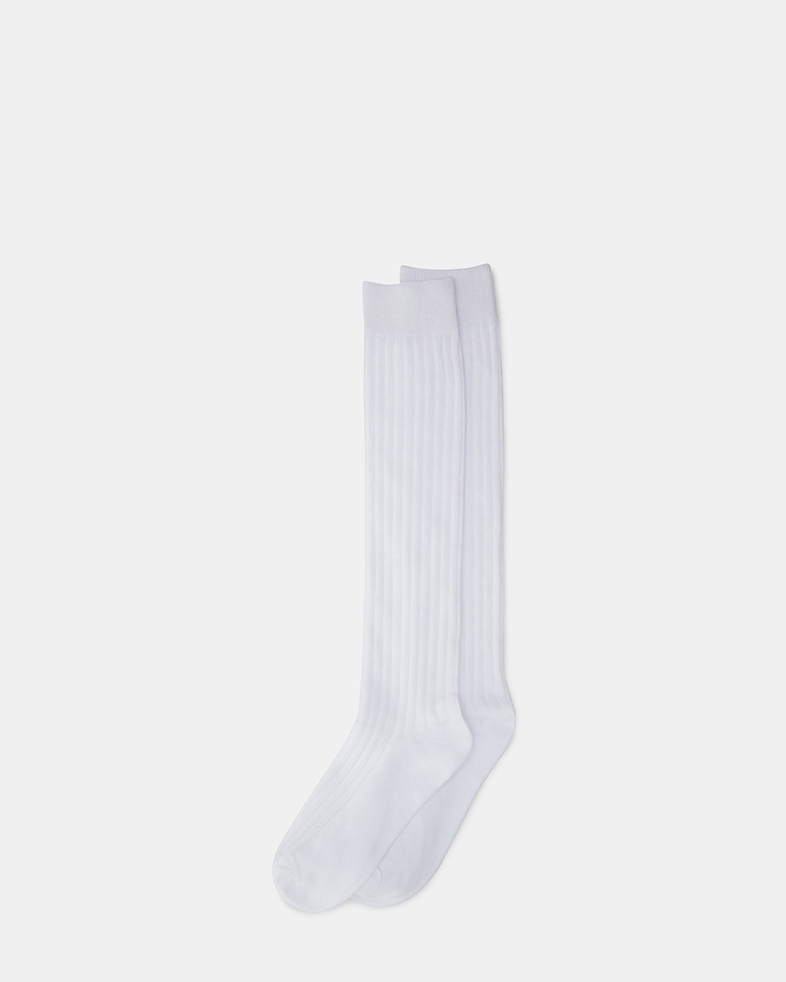 White ribbed knee high socks with textured knit, perfect for casual or office wear