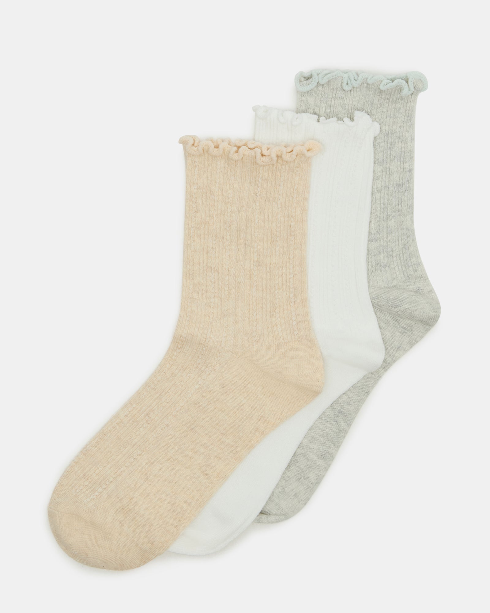 Close-up of ribbed texture on taupe lettuce-edge socks