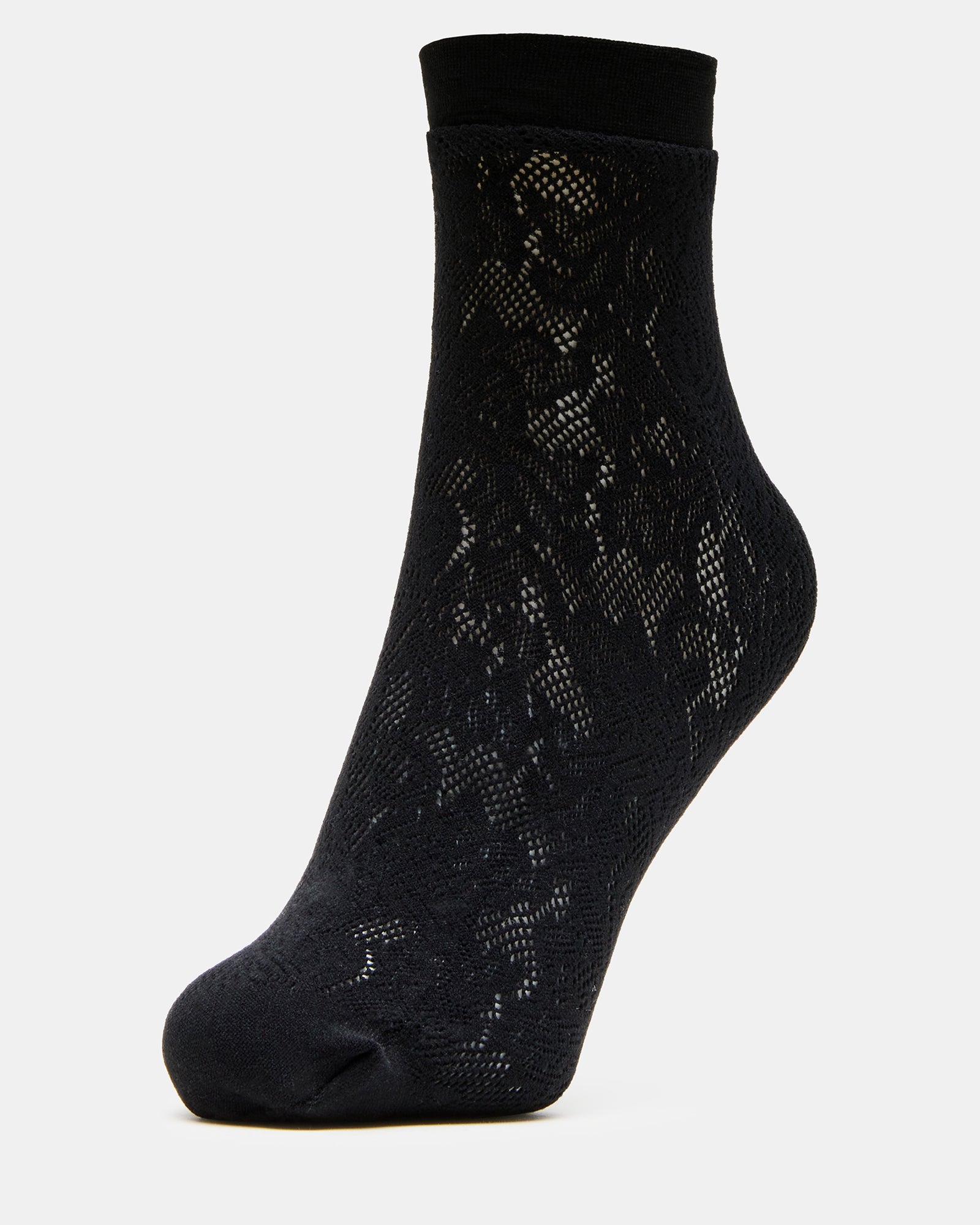Close-up of allover lace design on black anklet socks