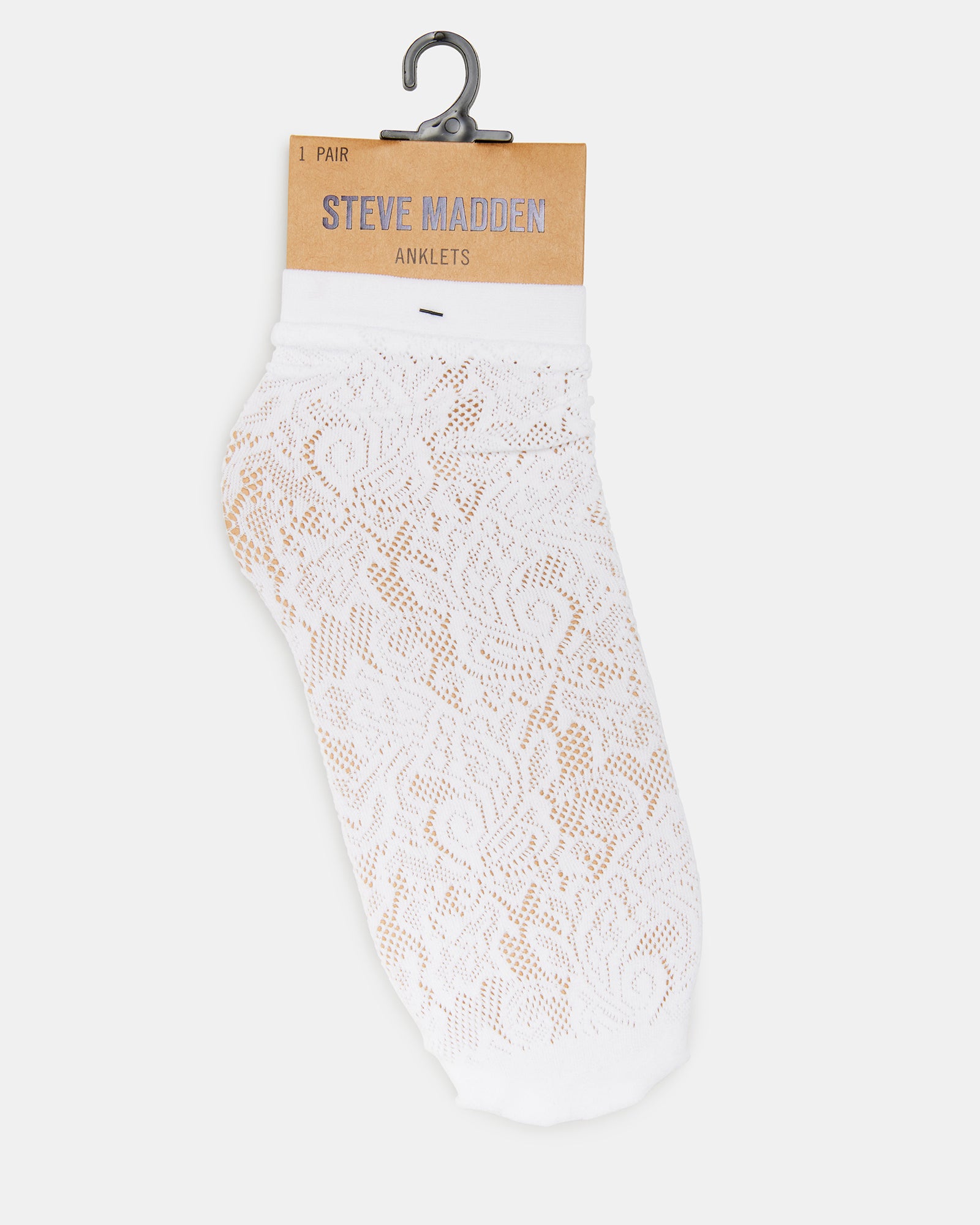 Close-up of the intricate lace design on white anklet socks.