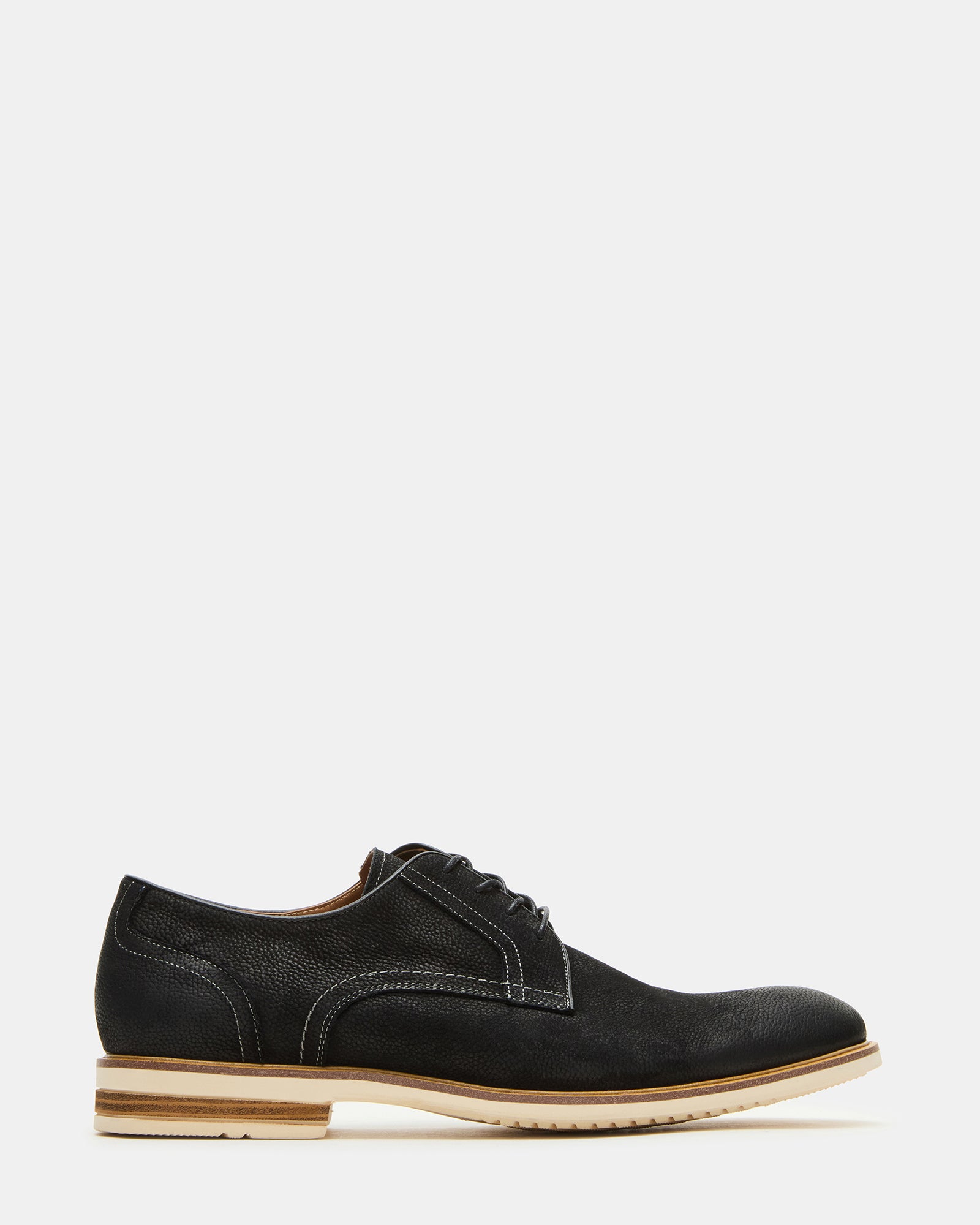 Side view of Alvarez black nubuck dress shoes with lace-up design.