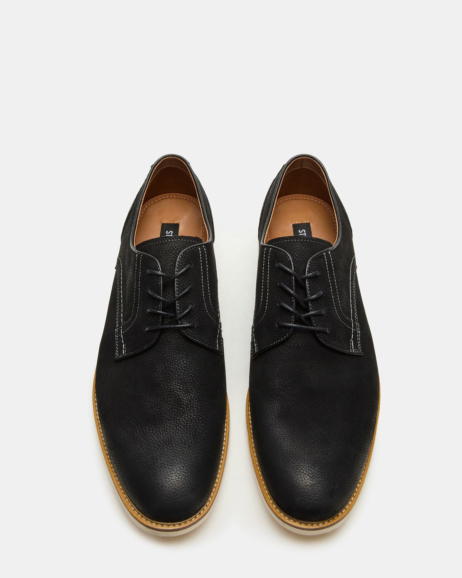 Top view of stylish mens dress shoes in black nubuck leather.
