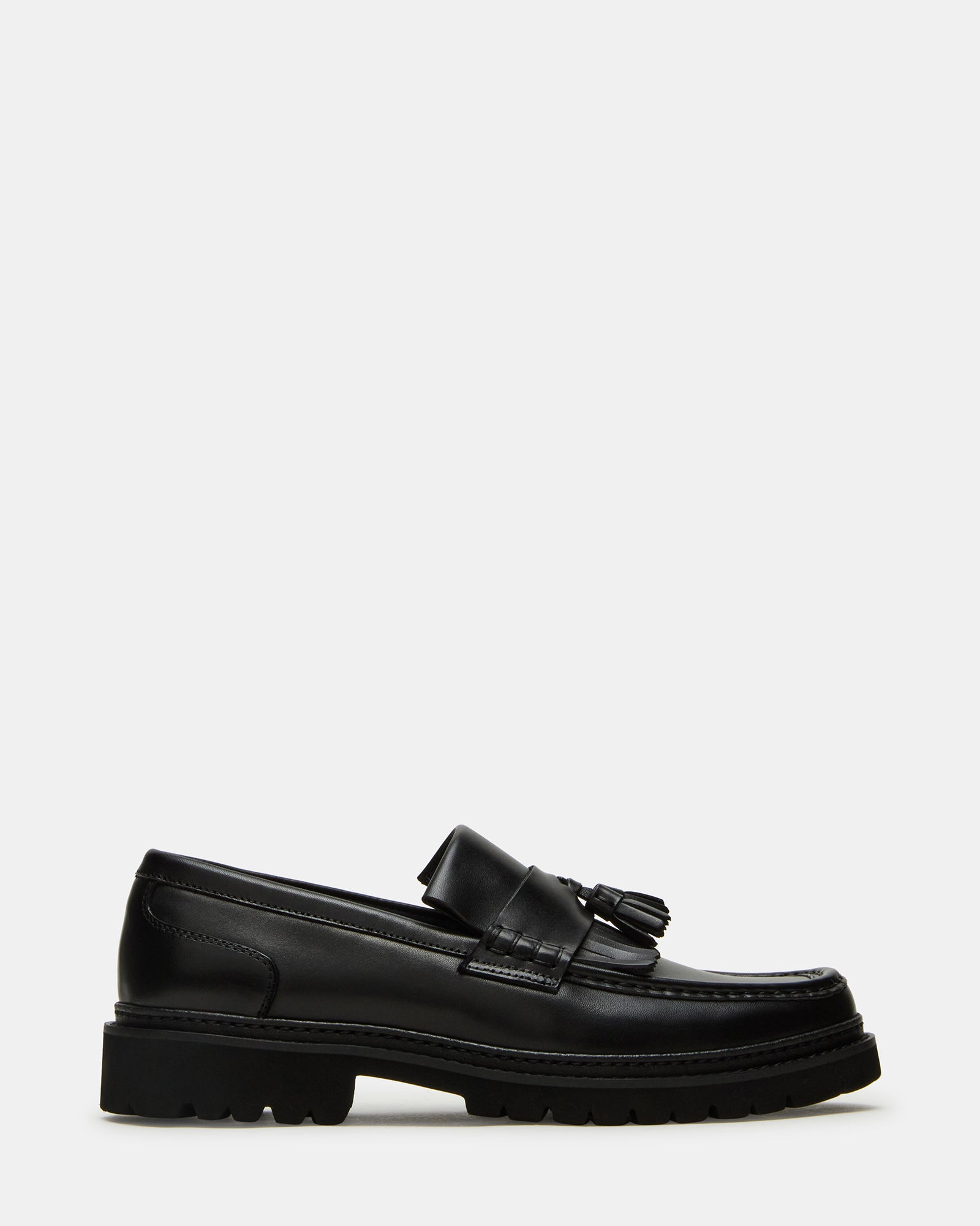 Front view of Arthus black loafers, showcasing elegant tassel detail.