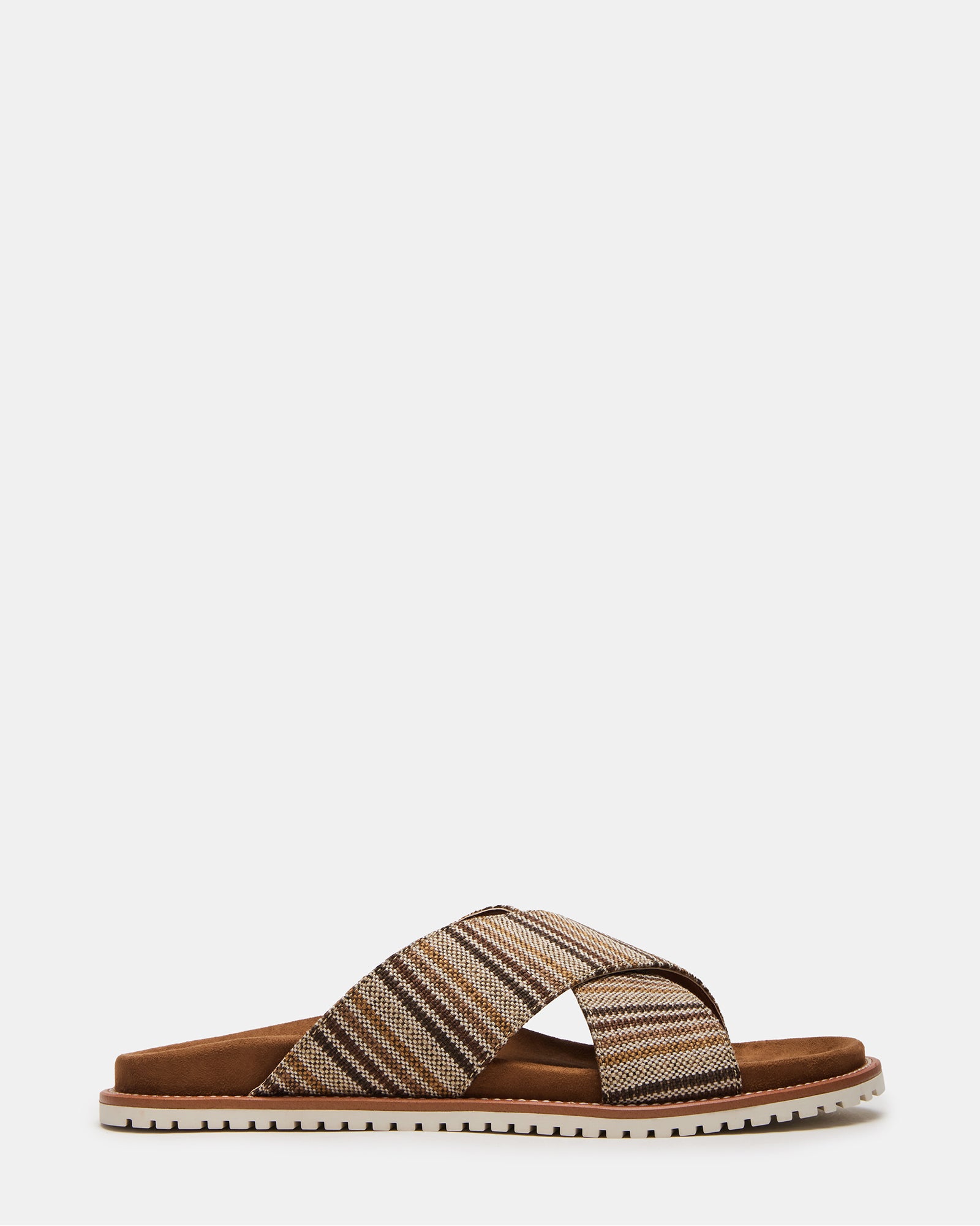 Angled view of beige woven sandals styled for beach vacation wear