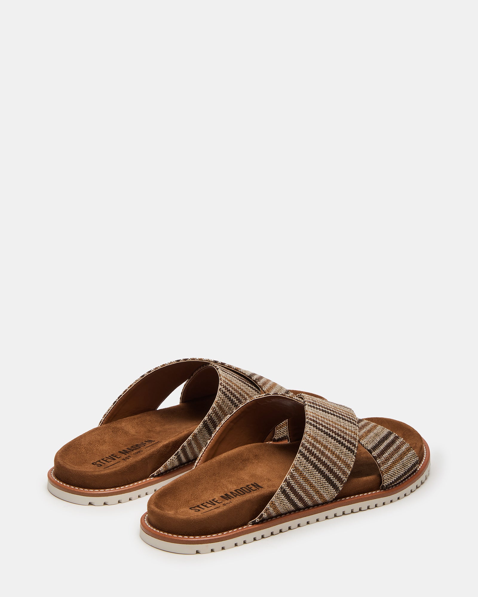 Top-down shot of slip-on flat sandals highlighting crisscross woven detail