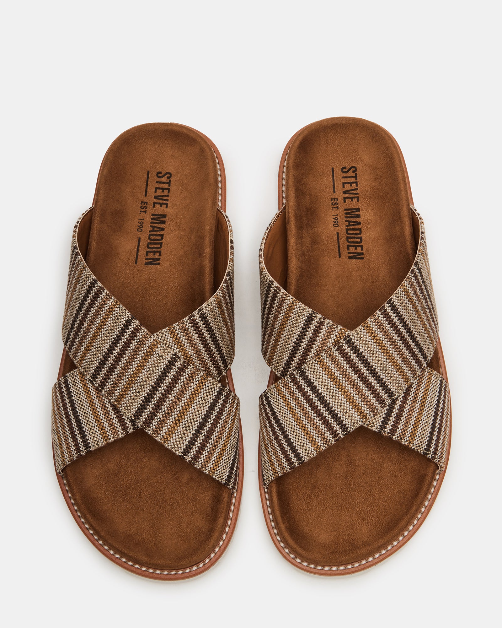 Angled view of beige woven sandals styled for beach vacation wear