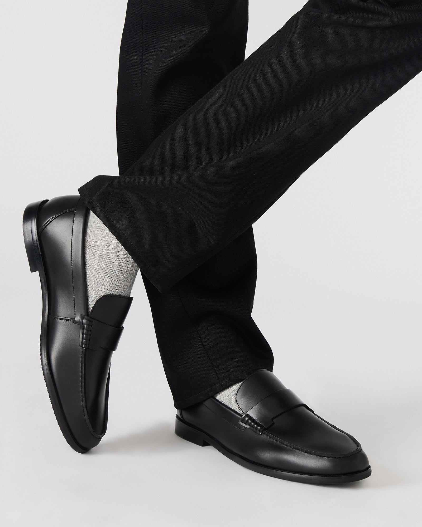 Top angle showing leather shoes with textile lining, styled for office wear