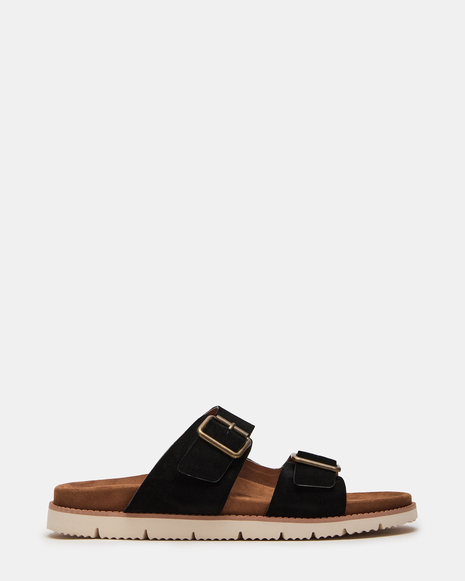 Close-up of black suede slide sandals showing buckle detail and rubber sole