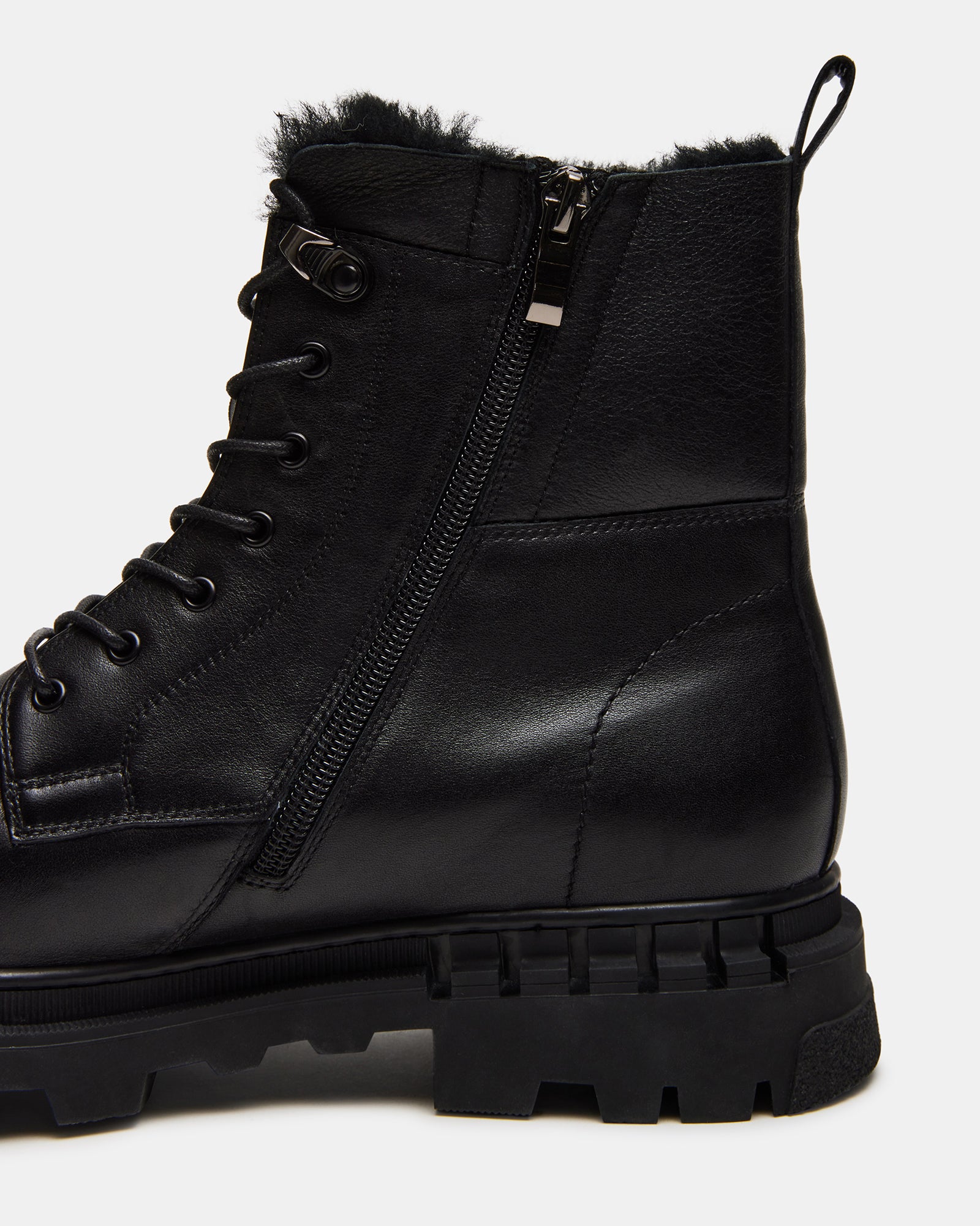 Front view of mens black leather fashion boots with lace-up and pull tab