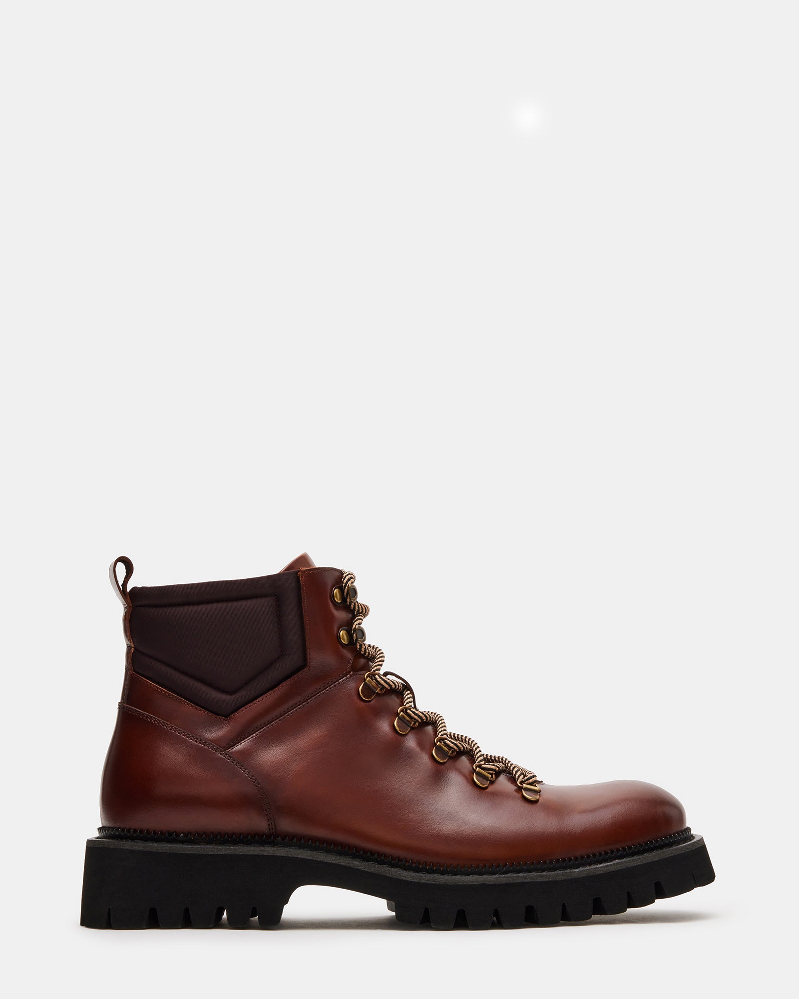 Side view of Fergus black leather work boots highlighting lace-up design and textured sole