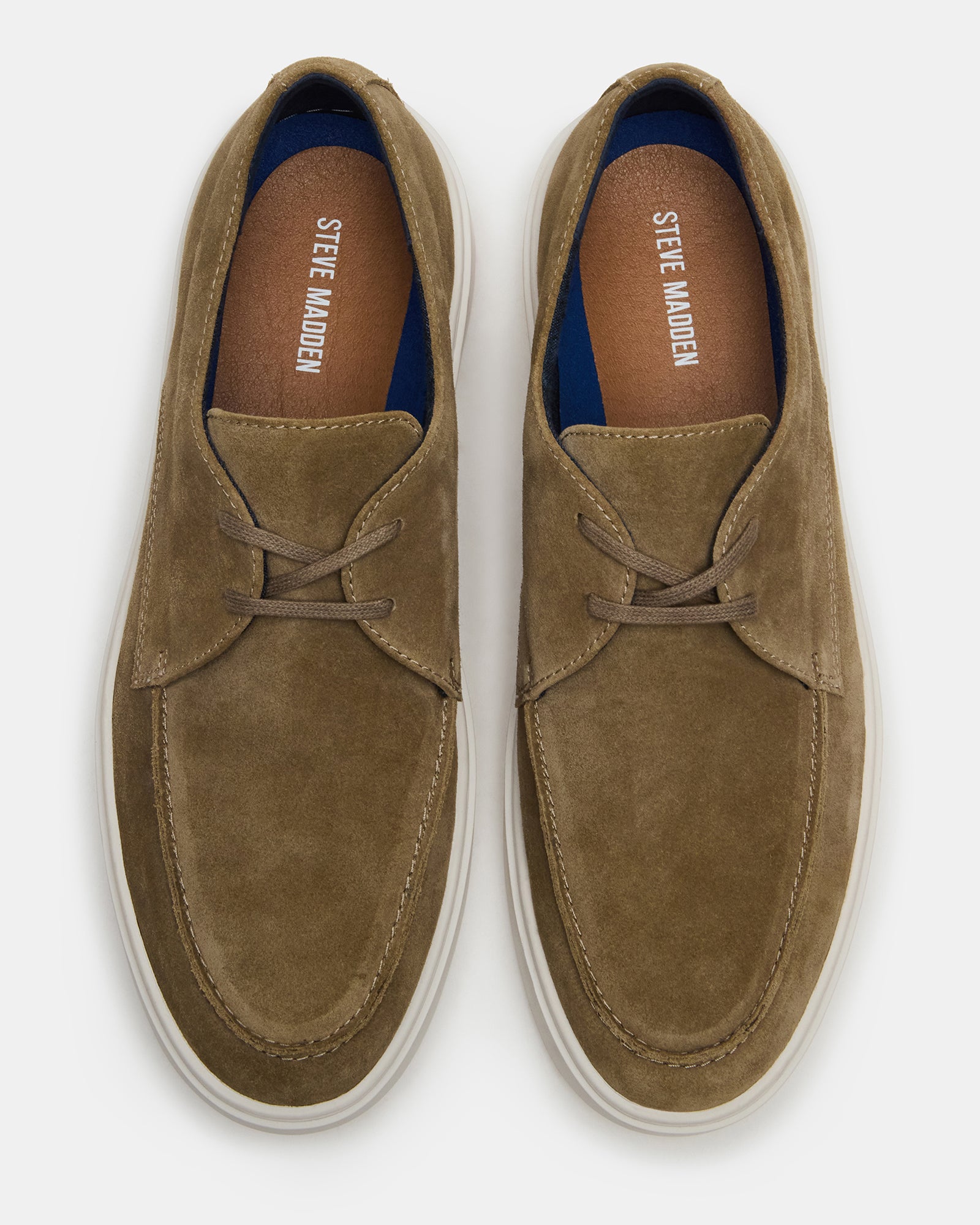Side view of taupe suede mens shoes showcasing heel and stitching