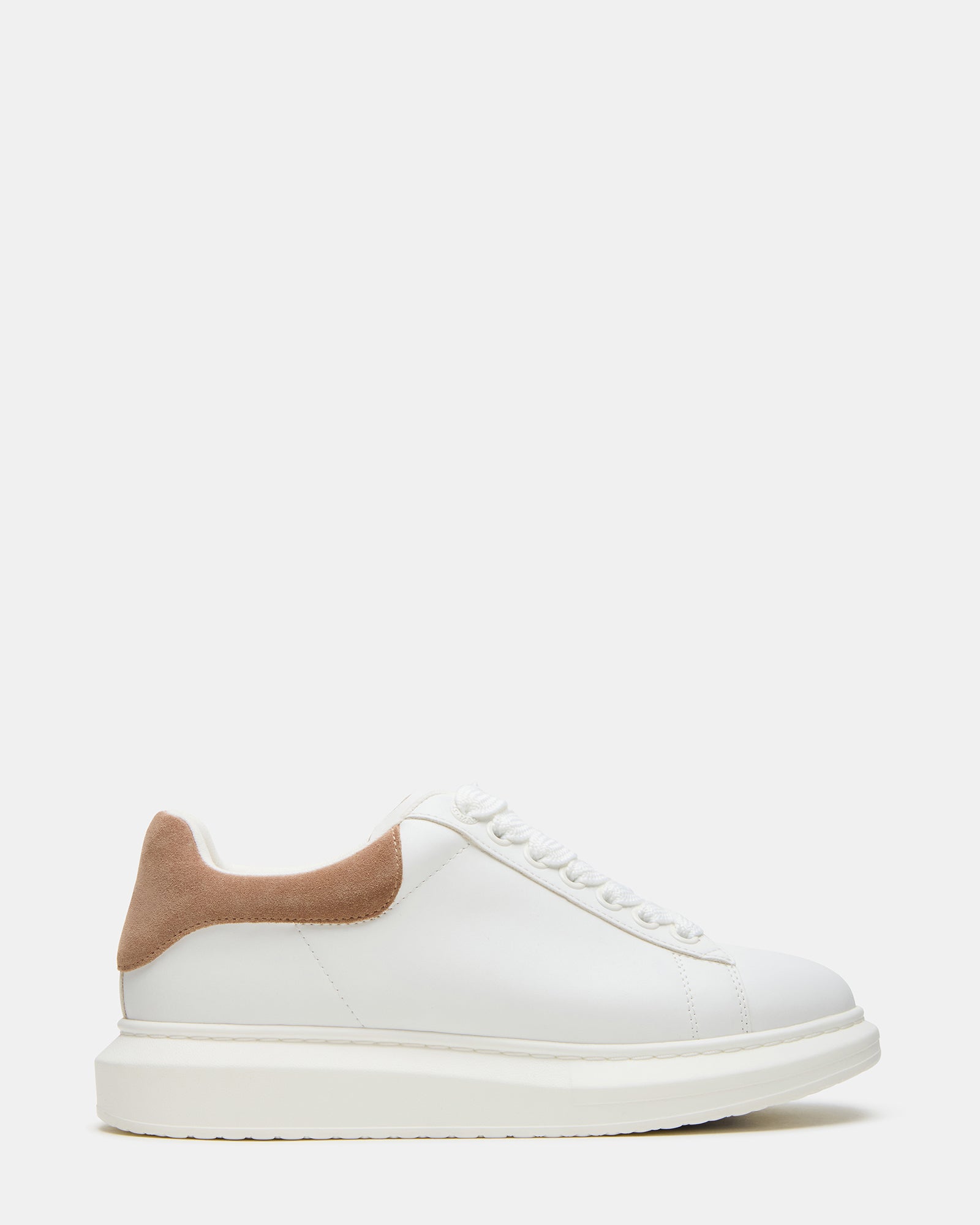 Front view of Frosted Taupe Multi platform sneakers on a wooden floor.