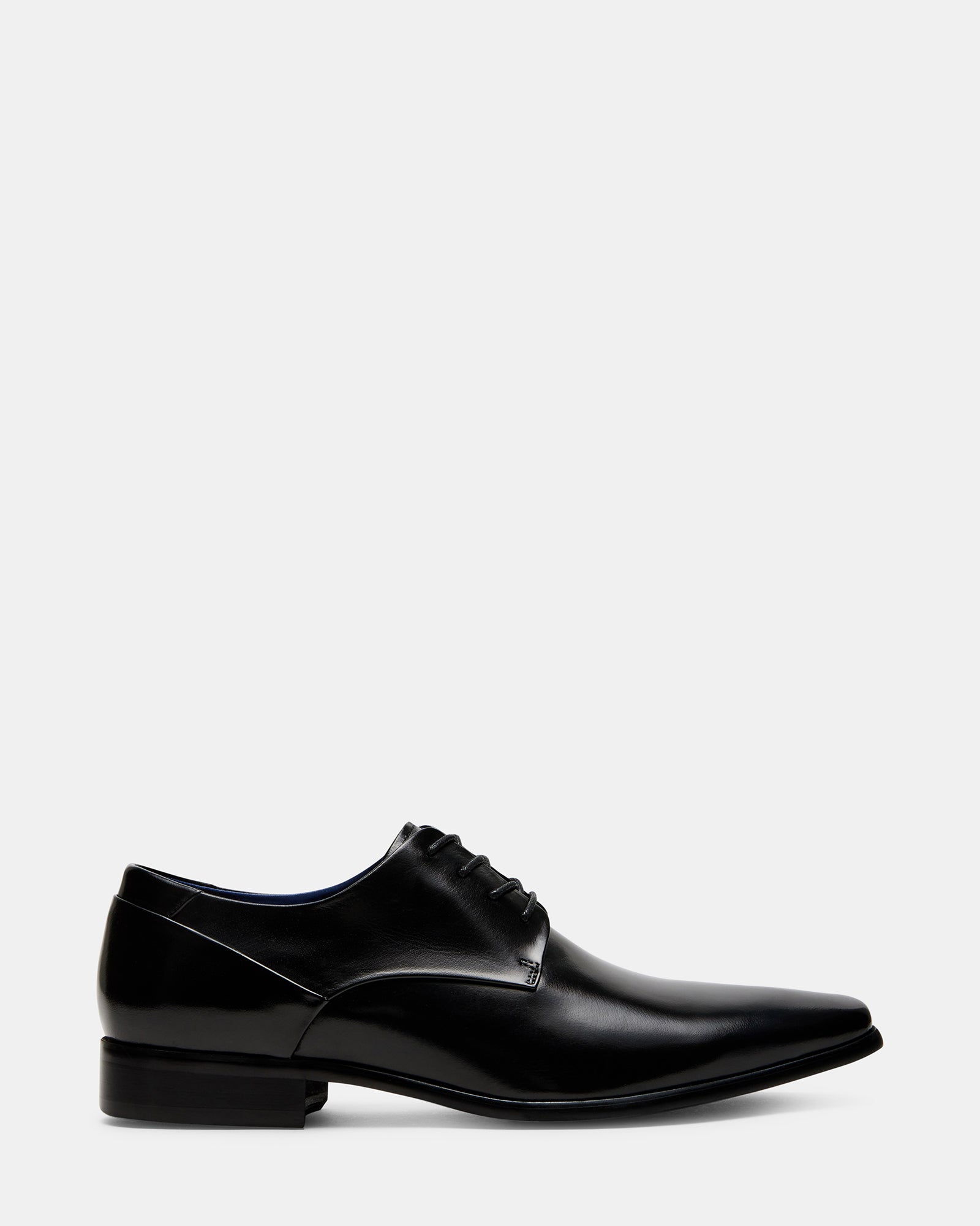 Black leather oxford dress shoes with almond toe and lace-up closure for men