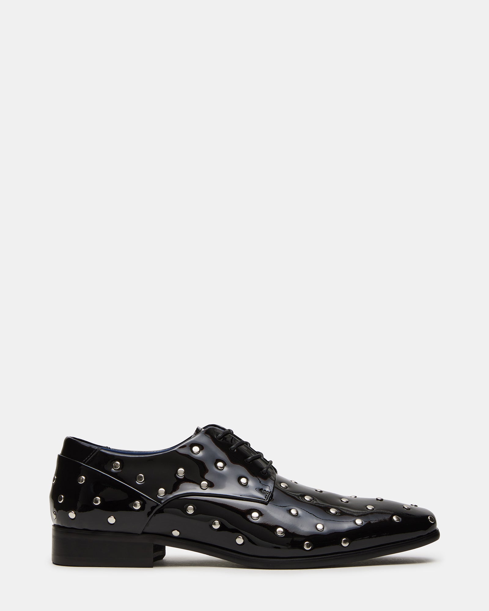 Black patent leather dress shoes for men, angled view