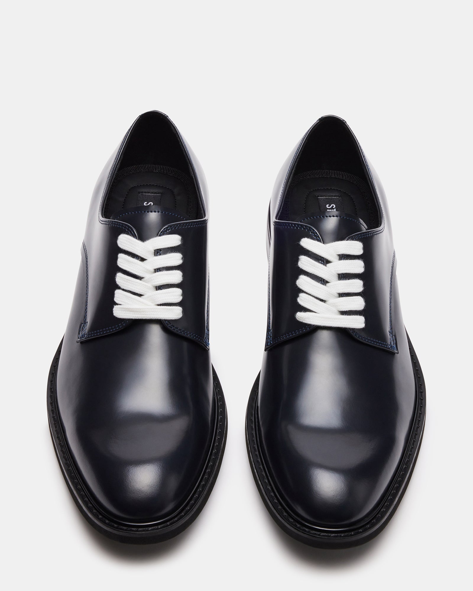 Hadar navy blue leather dress shoes front view with lace detail
