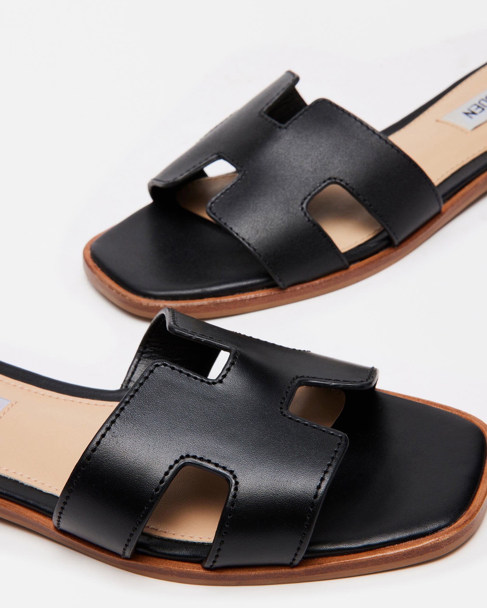 Top-down photo of flat slides with synthetic sole and low heel