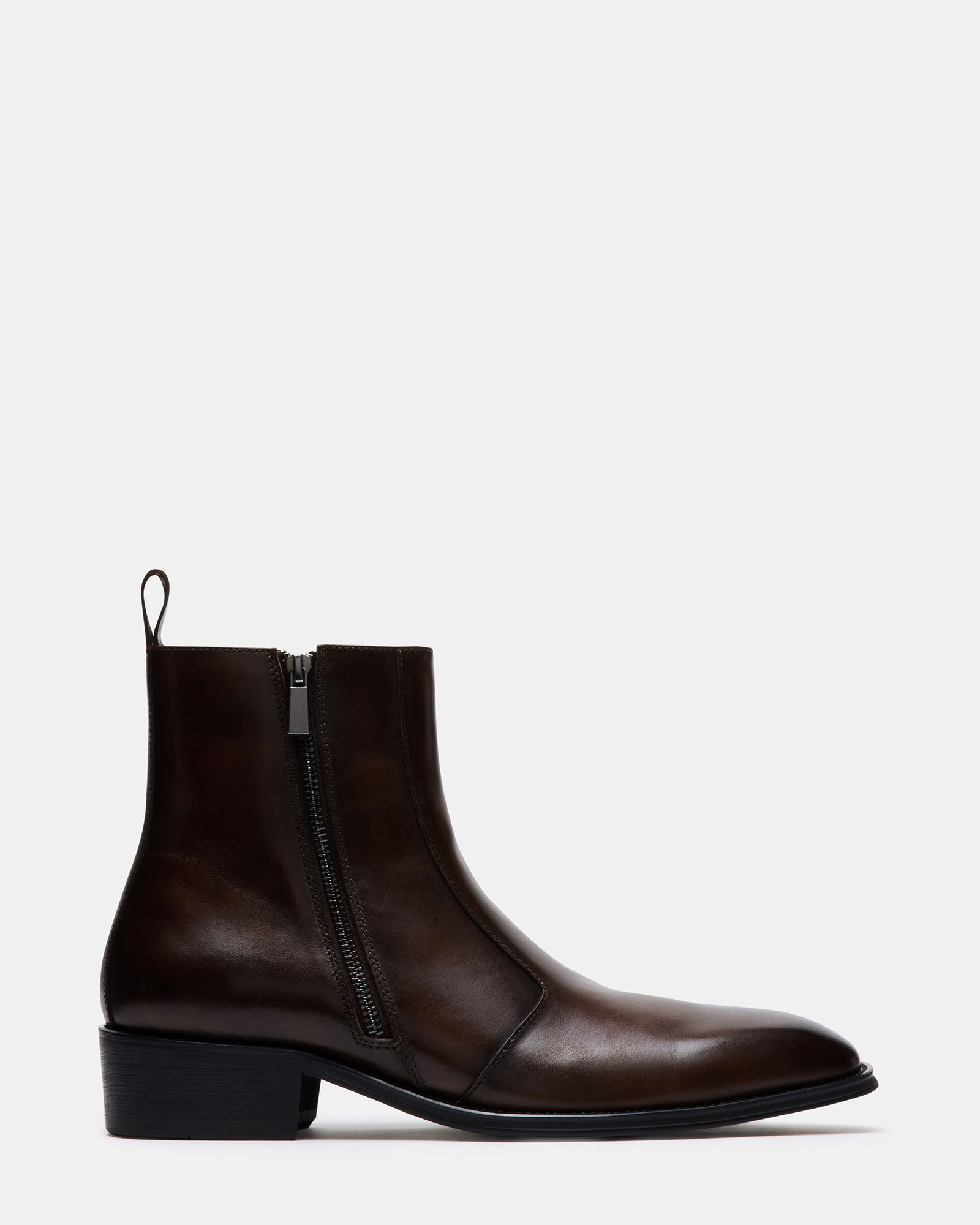 Front view of Haynes brown leather dress boots showcasing the polished finish.