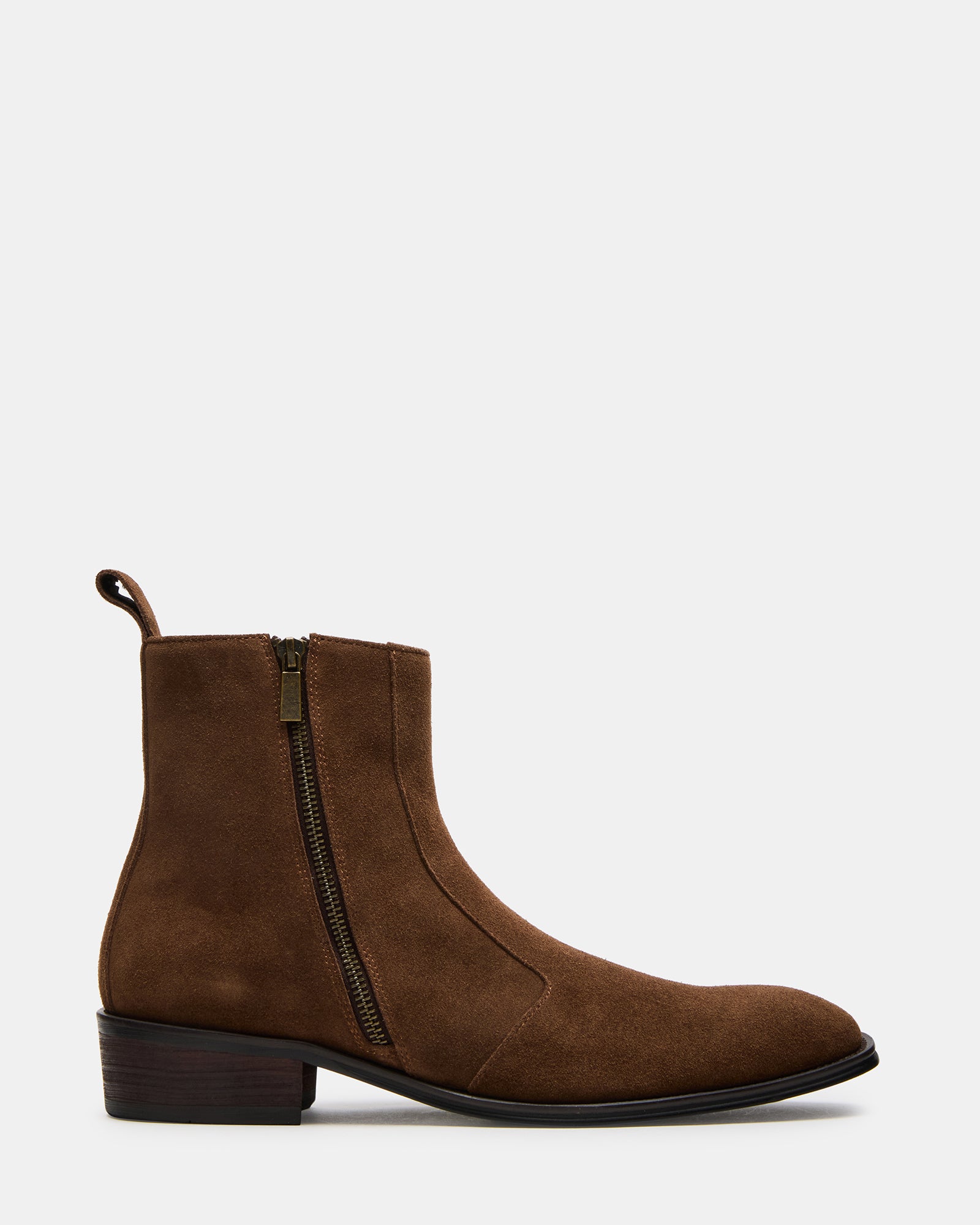 Side view of brown suede dress boots showcasing double zipper design.