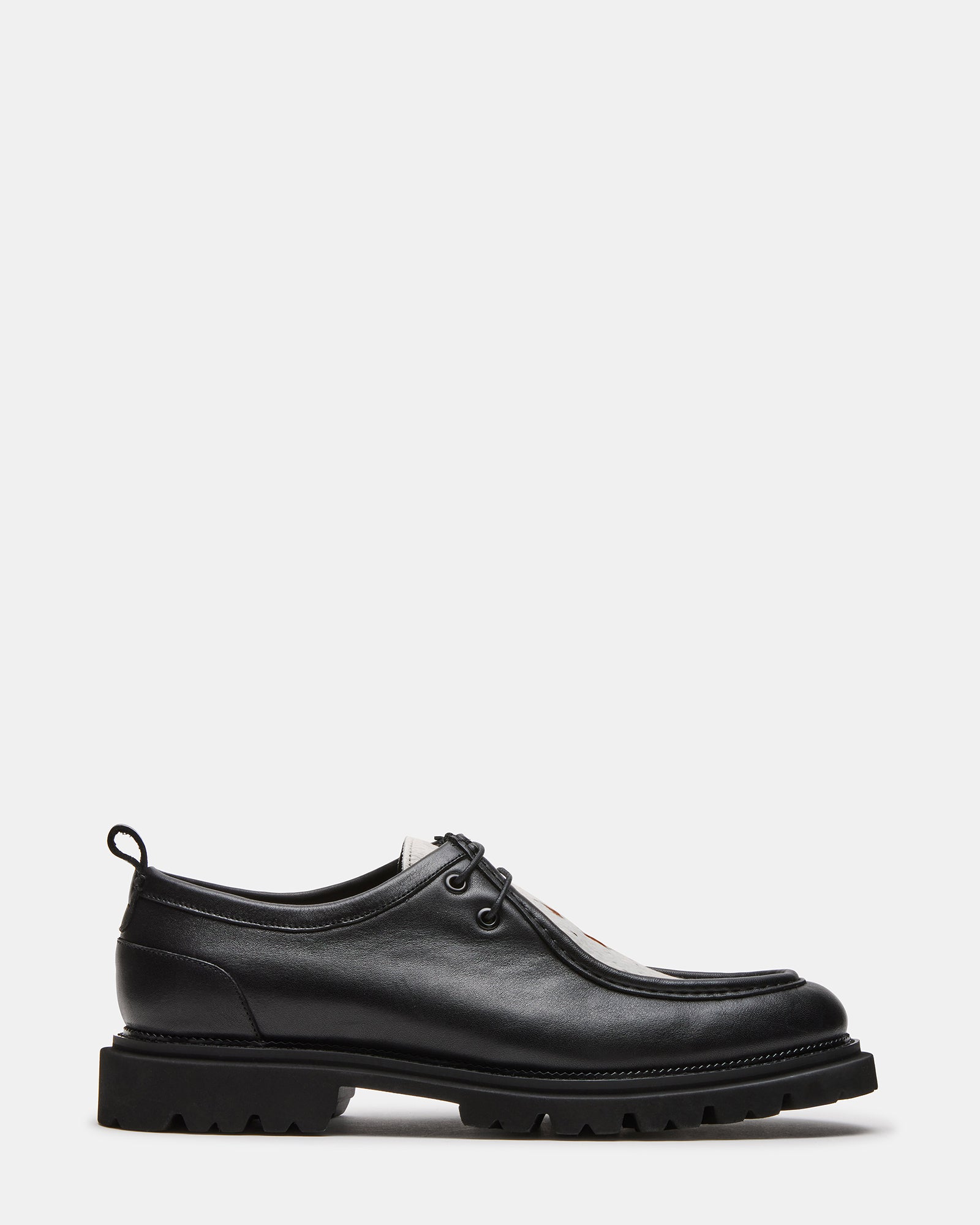 Front view of black patent leather shoes with polished toe cap and lace-up design