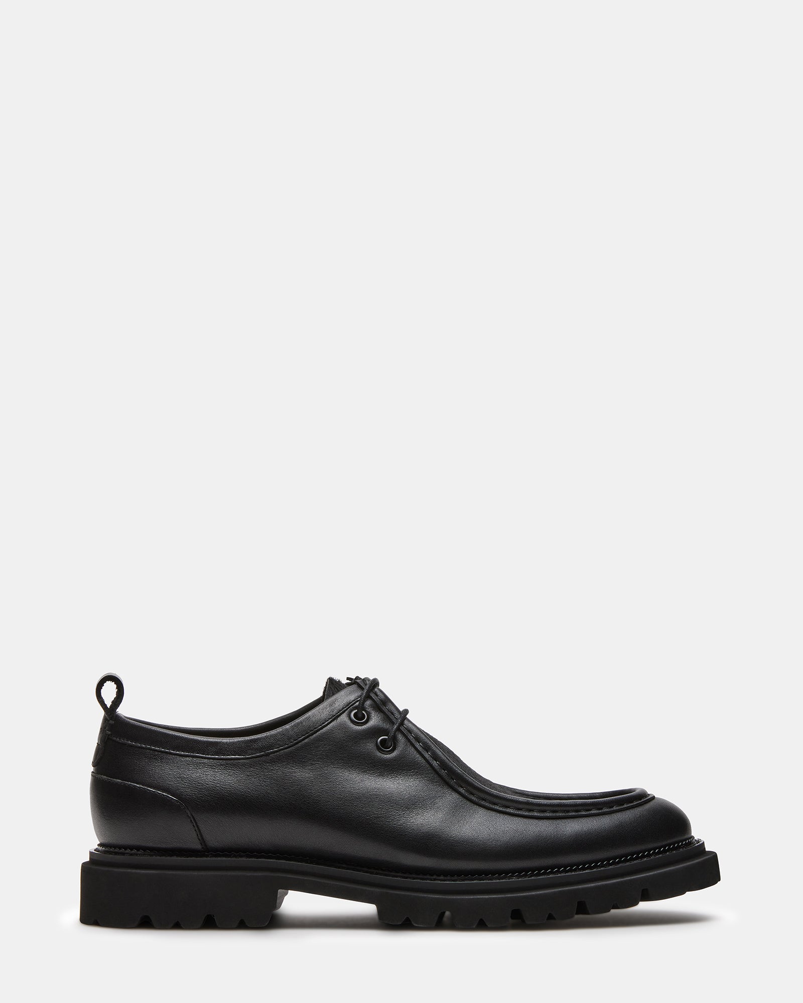 Side view of black formal shoes showing leather texture and heel height