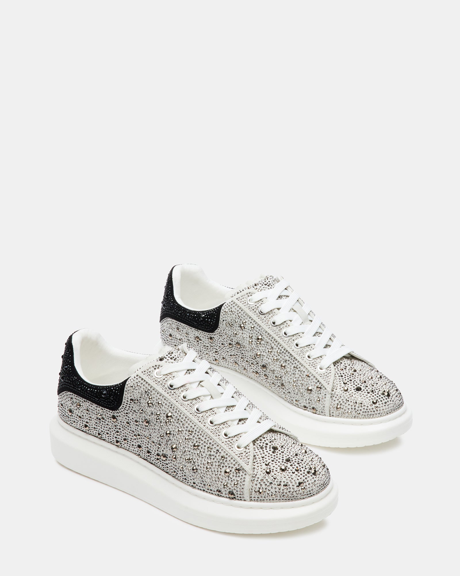 Front view of chunky platform sneakers with lace-up closure and sparkle embellishments