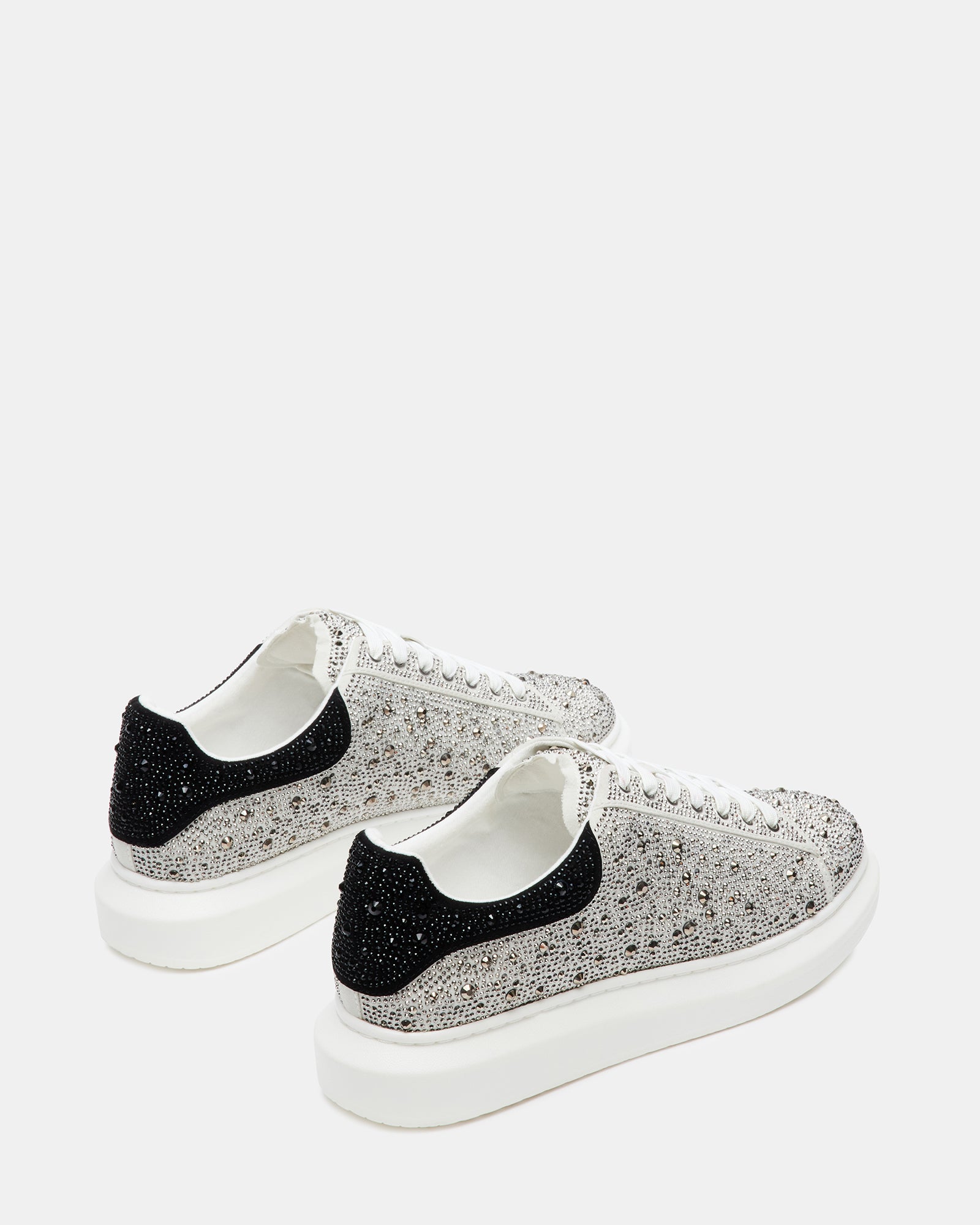 Front view of chunky platform sneakers with lace-up closure and sparkle embellishments