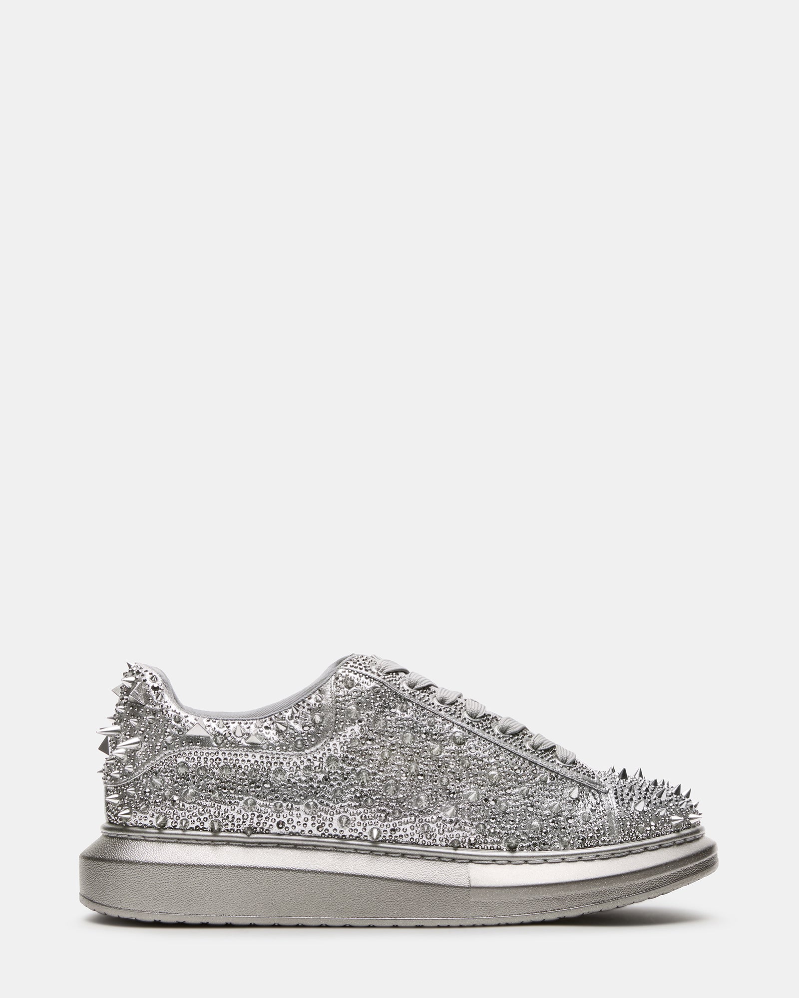 Side profile of ICEBOX pewter rhinestone sneakers showing chunky platform sole.