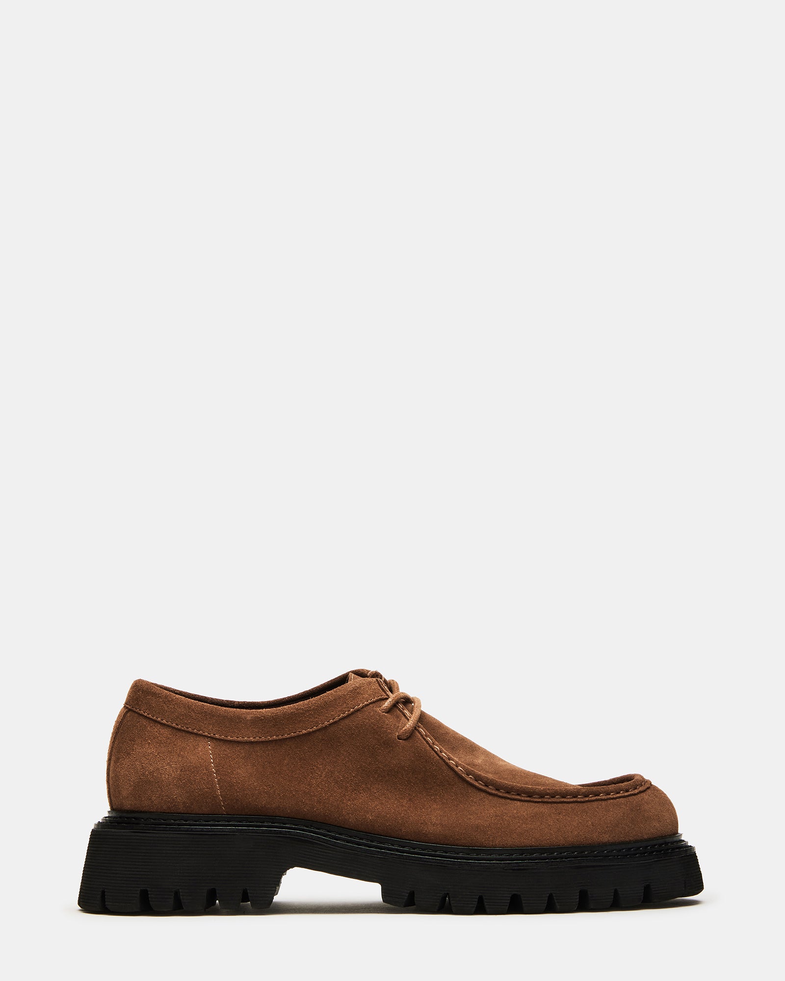 Side angle of Kalkin camel suede shoes showcasing chunky sole and moc toe perfect for casual dresswear
