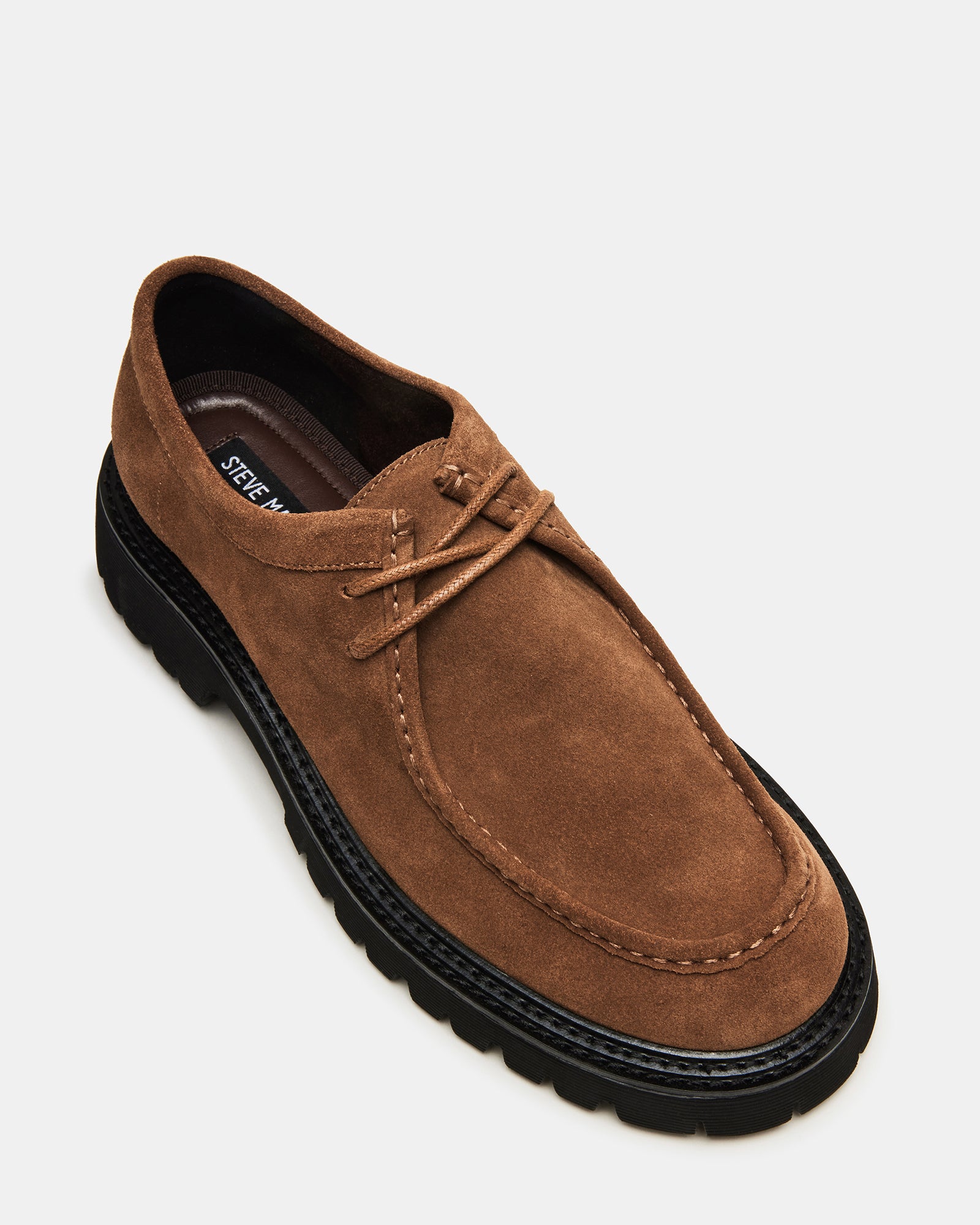 Side angle of Kalkin camel suede shoes showcasing chunky sole and moc toe perfect for casual dresswear