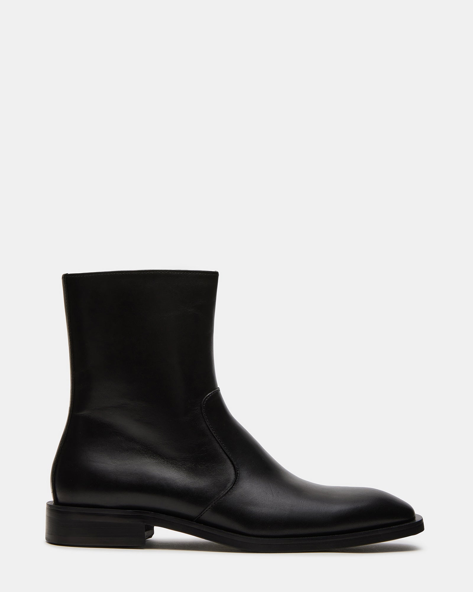Side view of stylish black leather boots with a 1.25-inch heel for women and men