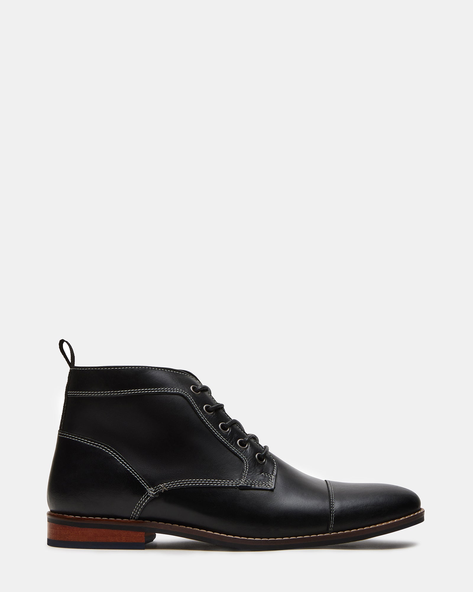 Front angle of black leather boots highlighting lace-up and zip details