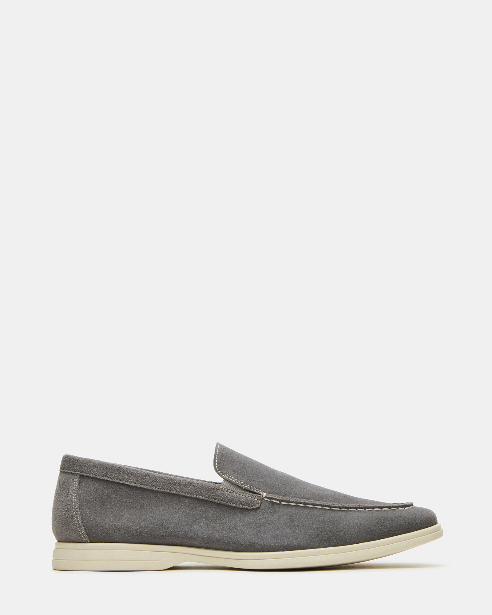 Linux grey suede slip-on shoes front view with casual outfit