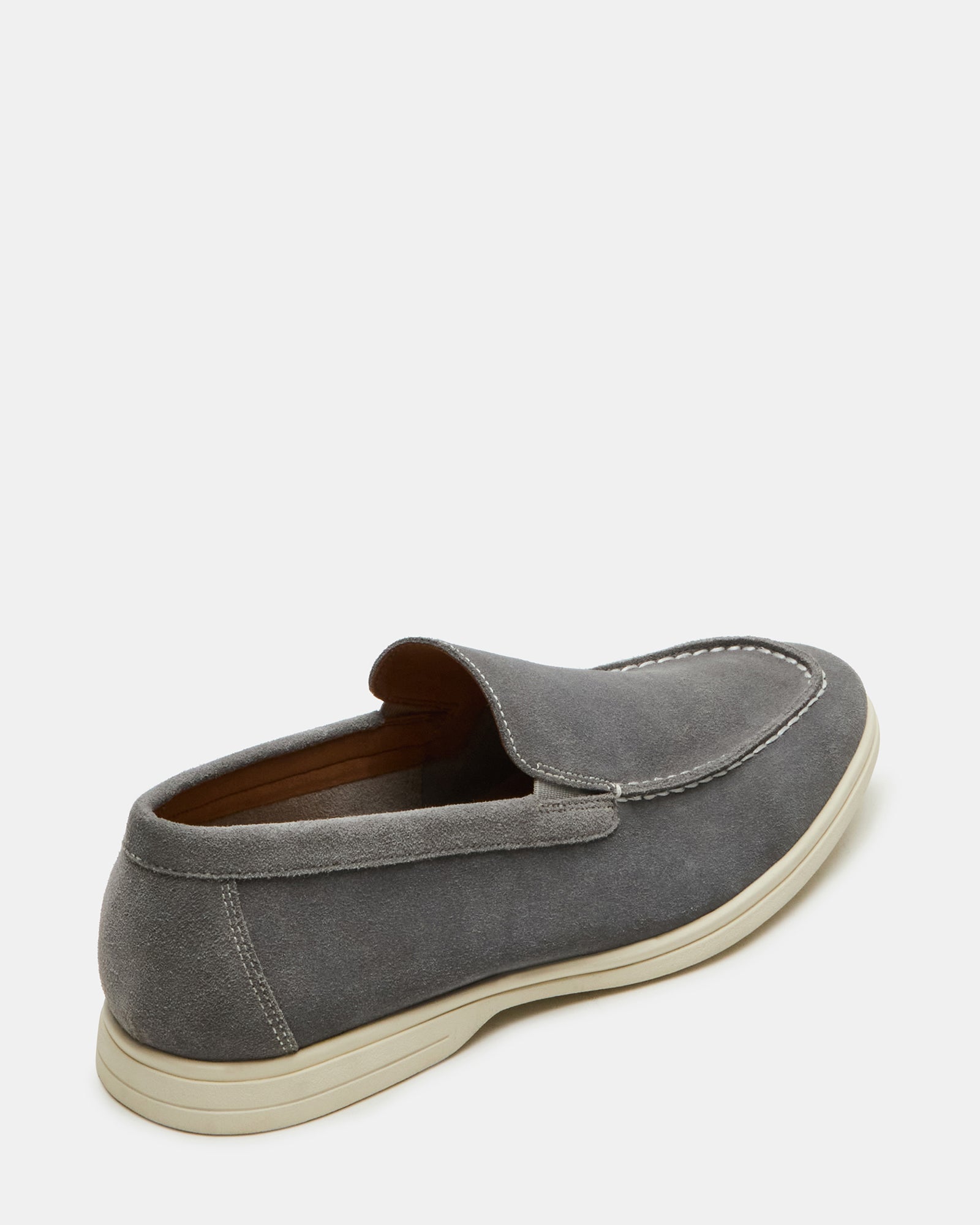 Linux grey suede slip-on shoes front view with casual outfit