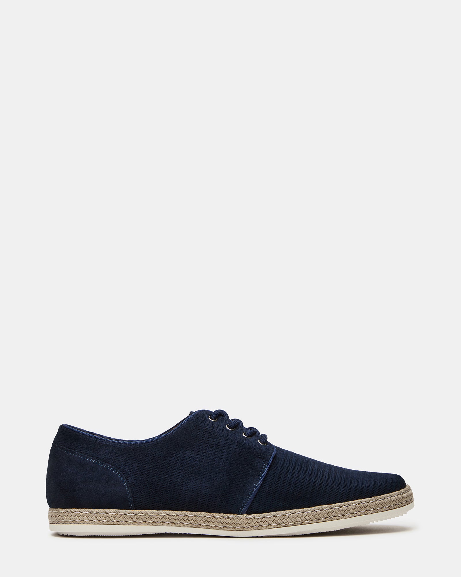 Menorca Navy suede shoes showcasing the lace-up front and textured surface