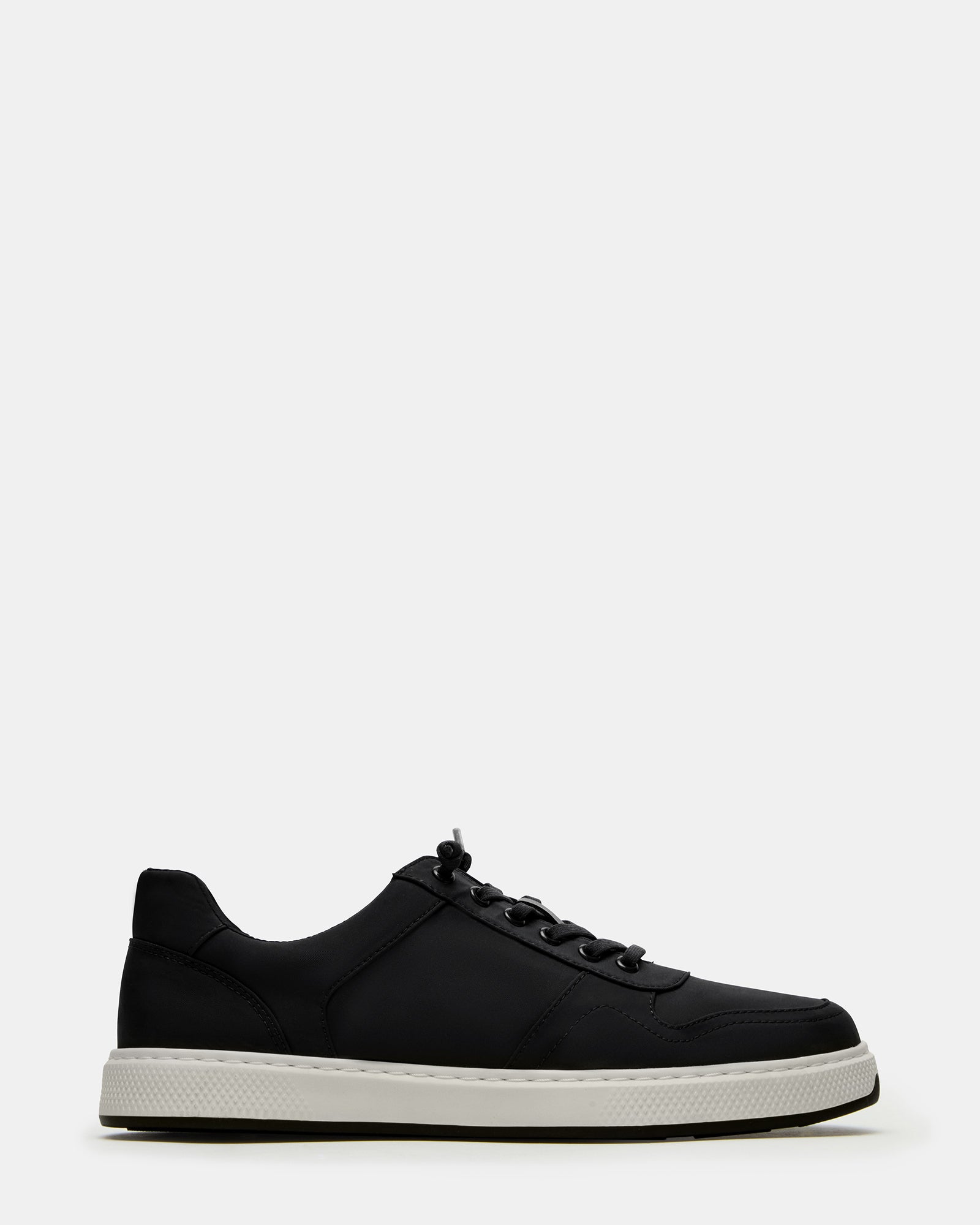 Side view of NOOUCHIA Black men's casual lace-up shoes showing stylish design and rubber sole