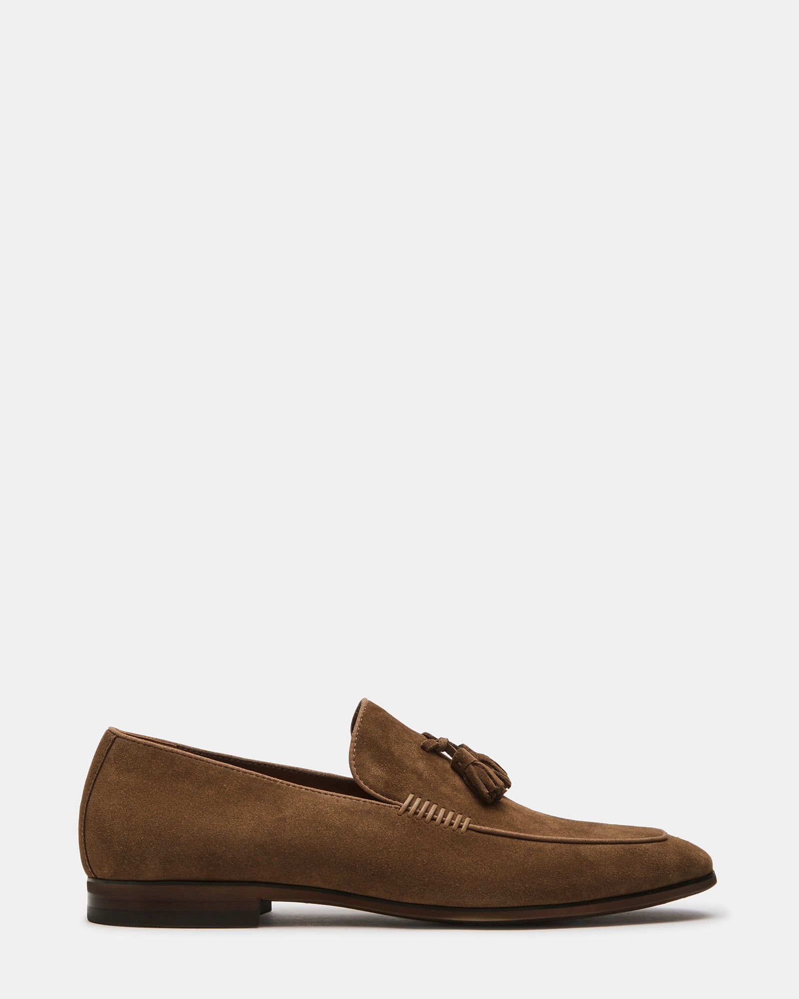 Men's suede loafers in tan, showcasing almond toe and tassel accent