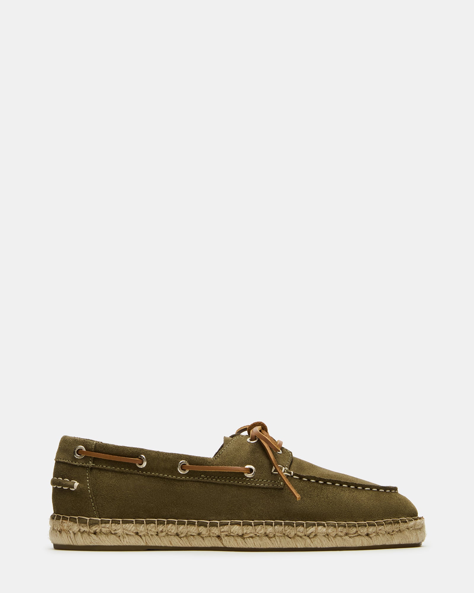 Side view of Pancho Olive Suede Slip-Ons highlighting the boat shoe design.