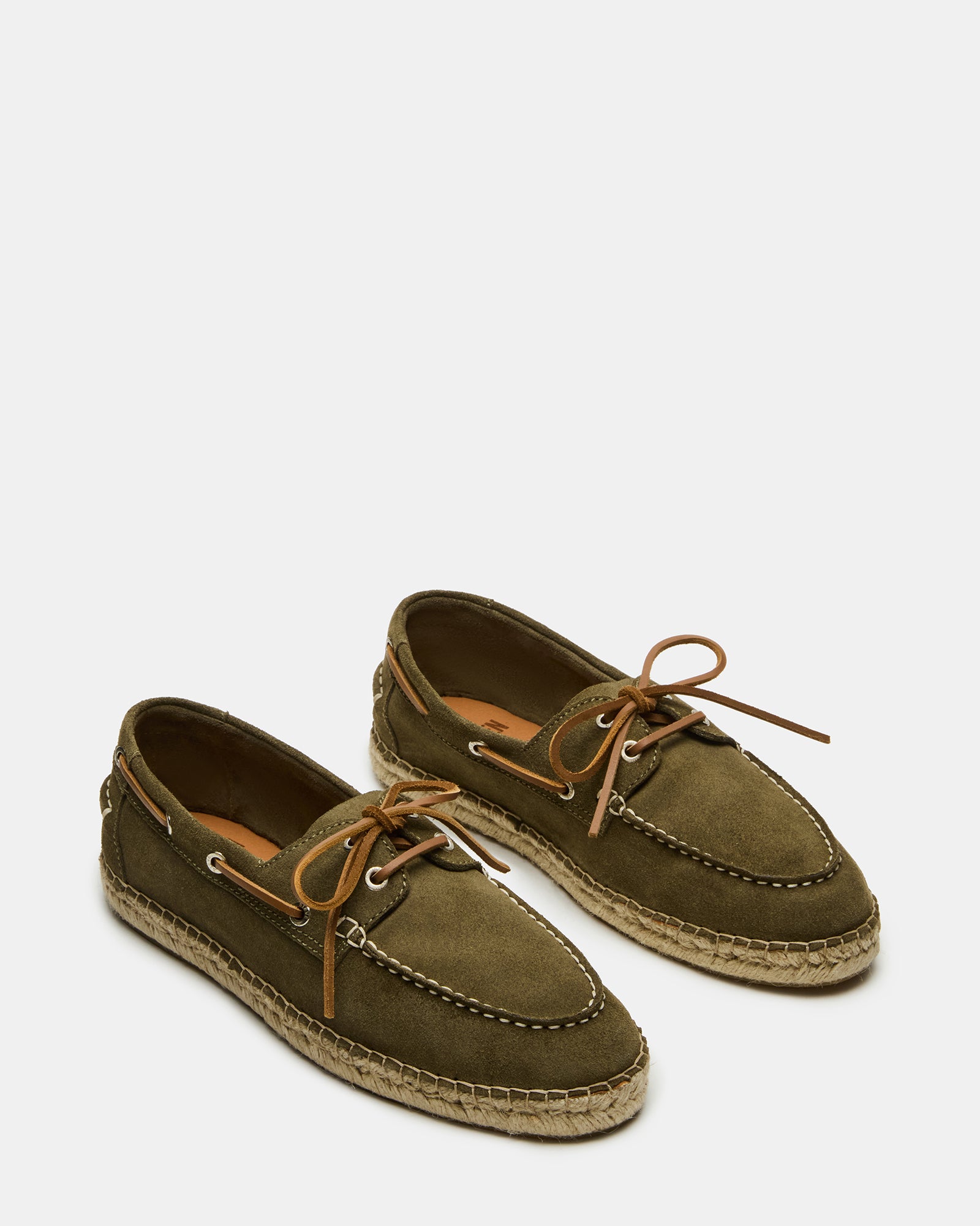Top view of the Pancho Olive Suede showing the espadrille raffia bottom.