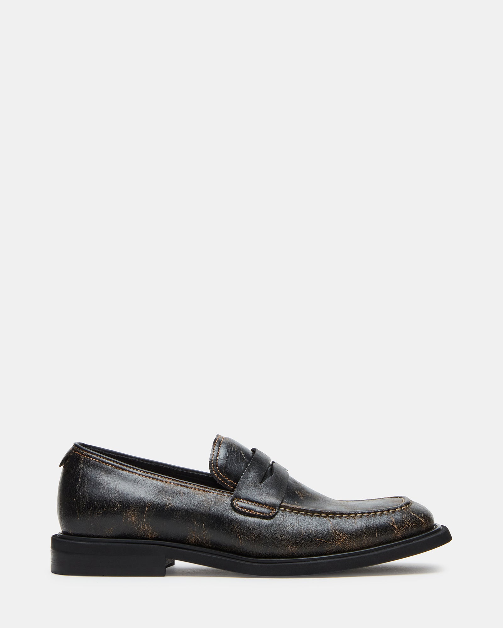 Stylish black leather loafers for men, showcasing the square toe design.